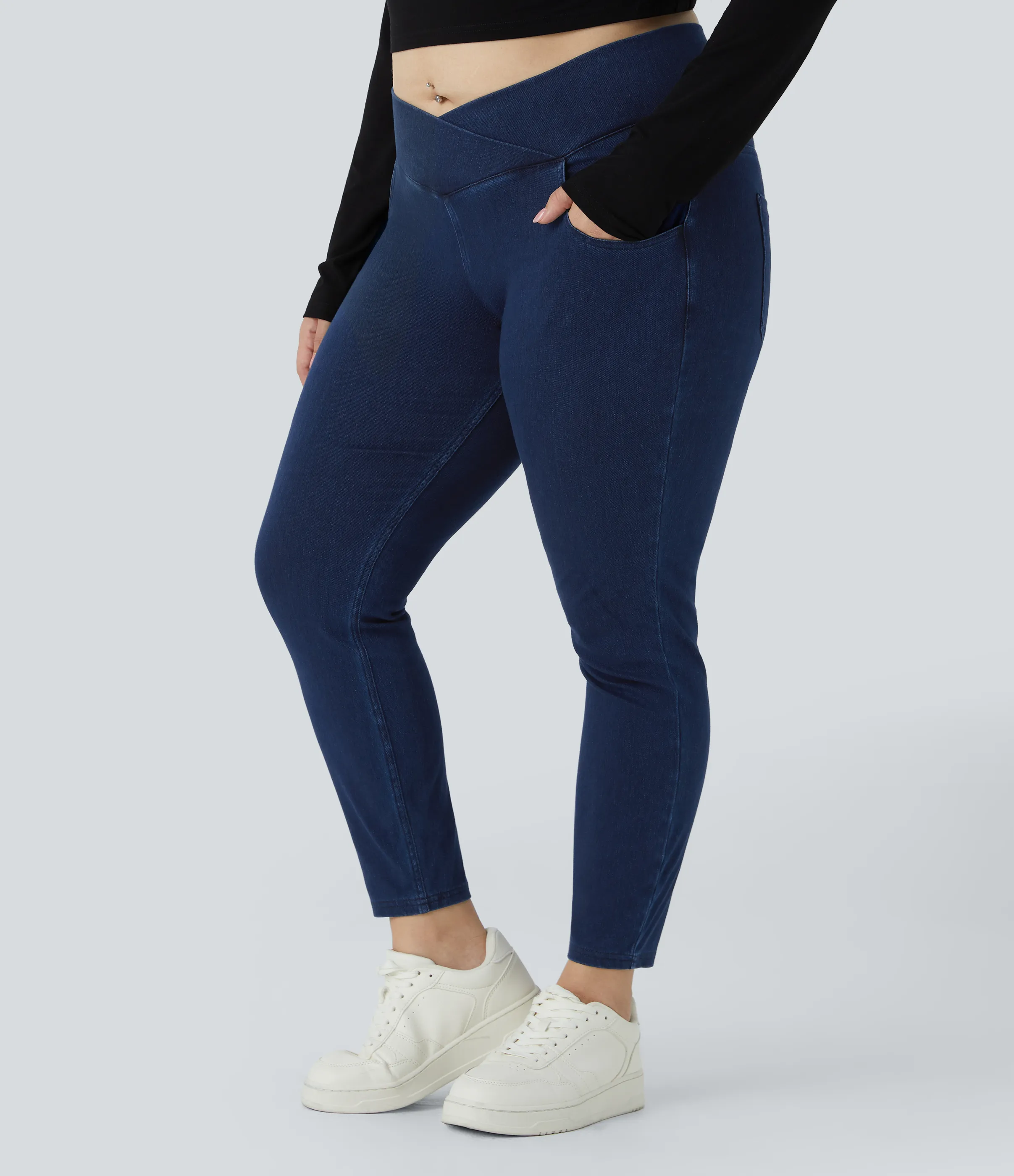 Halara Leggings Halara Flex™ Denim oficina cruzado elástico tiro alto bolsillo talla grande - Washed Denim Navy Blue - 1X(7/8) sold by Halara product image thumbnail 5