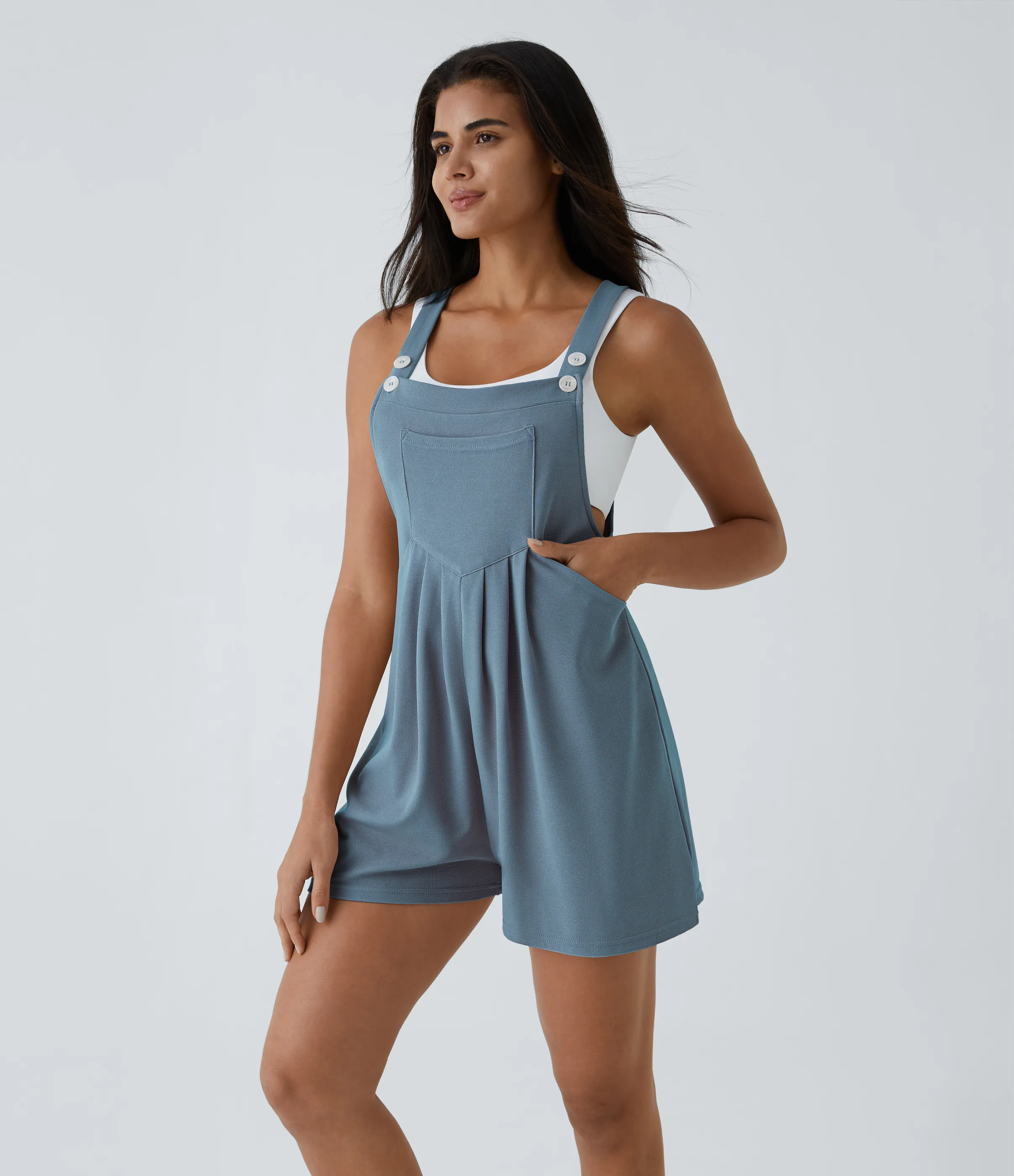 Halara Overol botón correa ajustable bolsillo múltiple gofre plisado - Mountain Spring - XS sold by Halara product image thumbnail 4