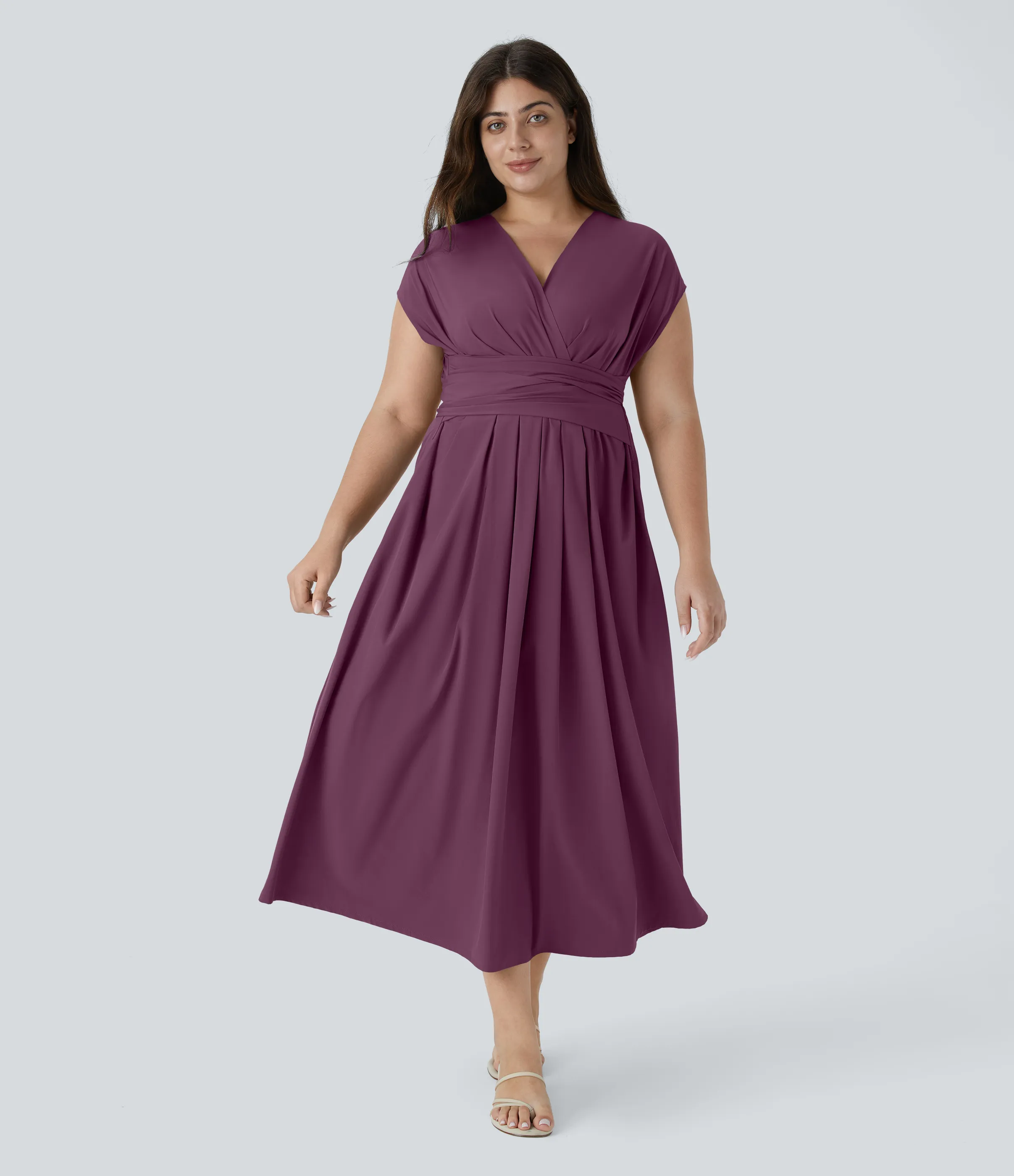 Halara Vestido midi Breezeful™ talla grande cuello V manga corta bolsillo lateral lazo espalda secado rápido - Amaranth - 2X sold by Halara product image thumbnail 4