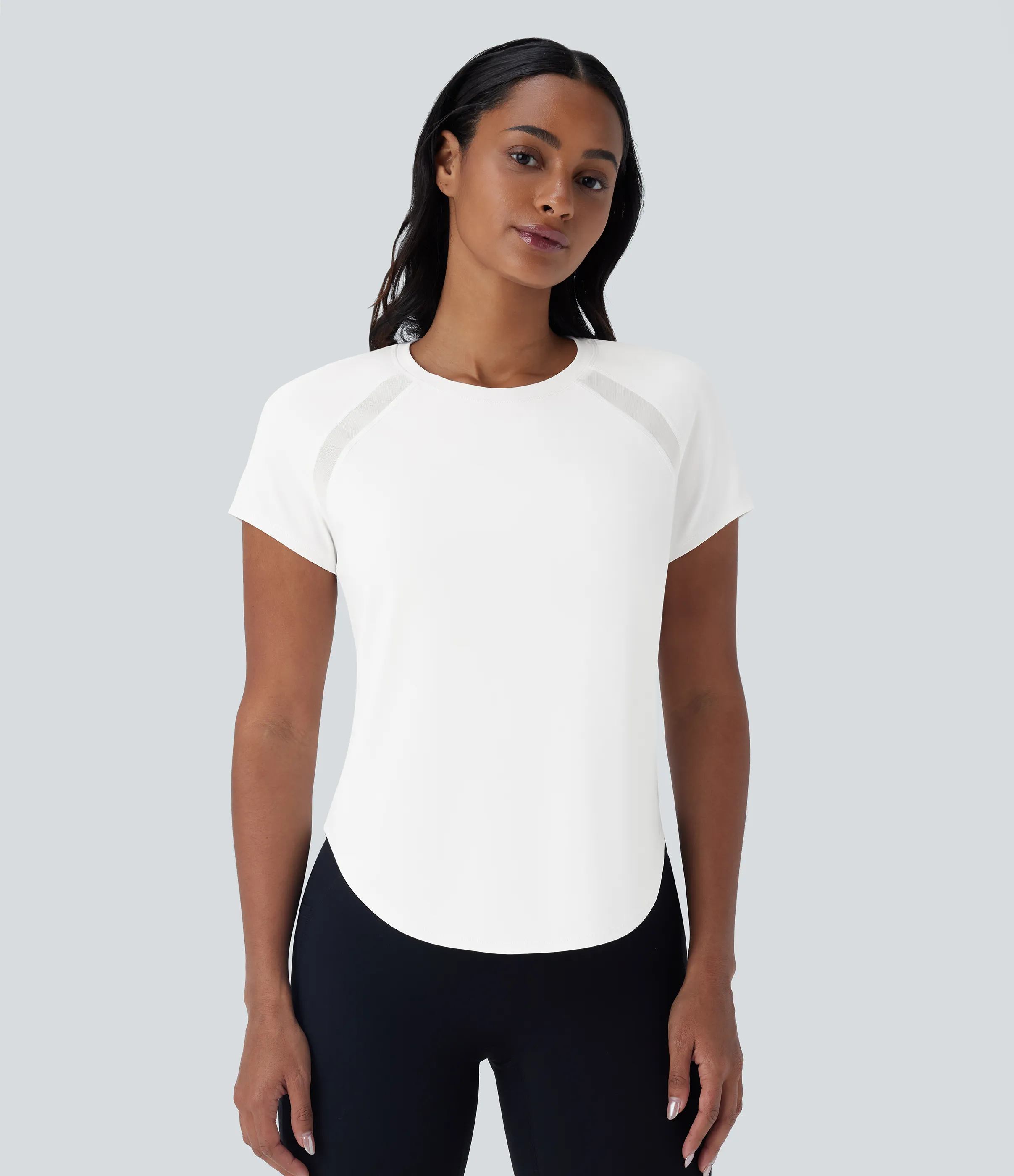Halara Camiseta Softlyzero™ QuickDry deportiva correr secado rápido cuello redondo manga corta malla contrastante dobladillo curvo - White - XL sold by Halara