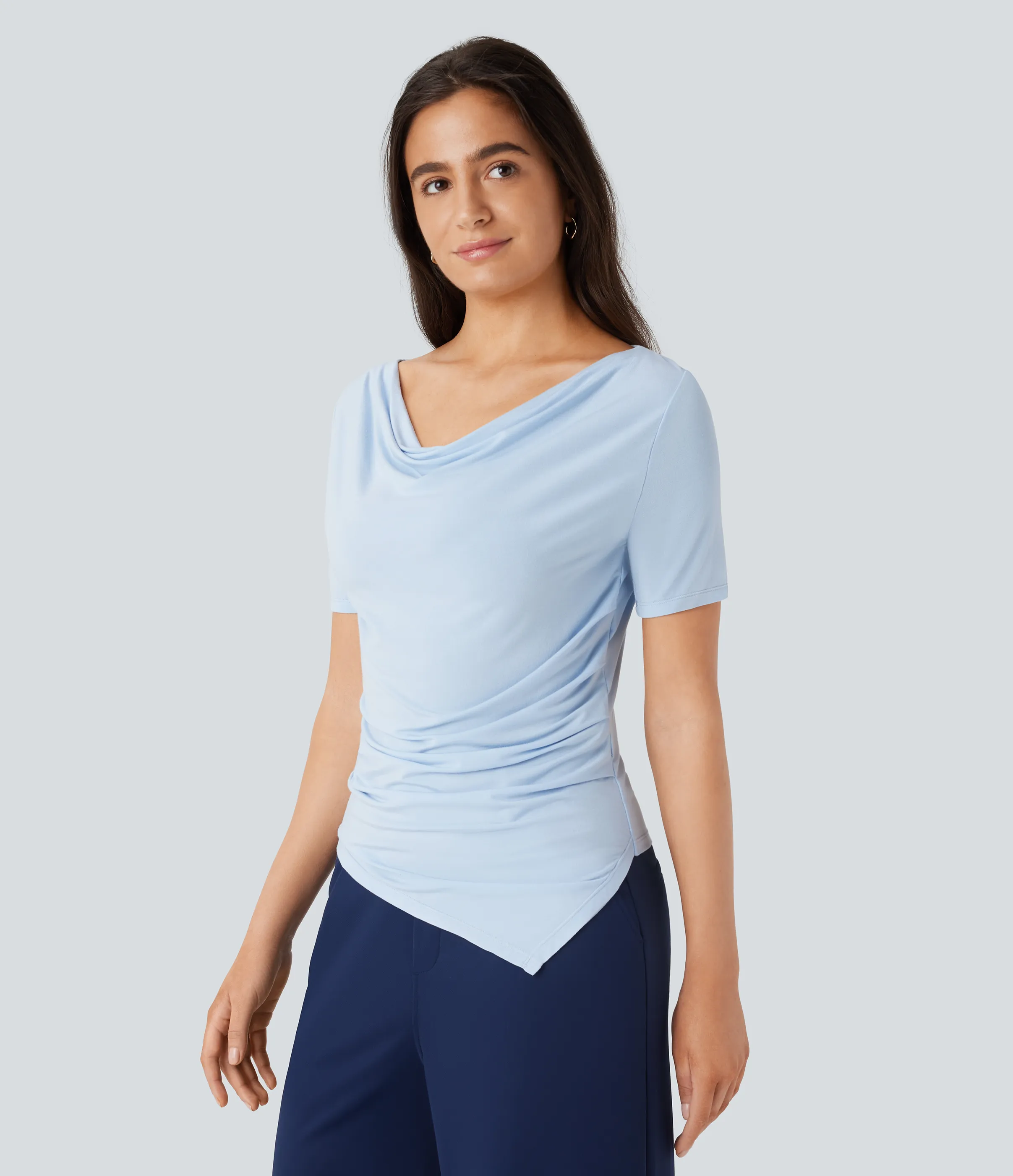 Halara Blusa oficina cuello vuelto manga corta dobladillo fruncido asimétrico - Country Air - L sold by Halara product image thumbnail 4