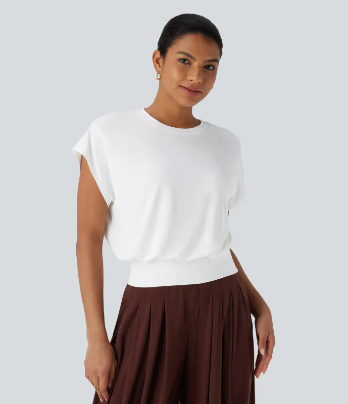 Halara Camiseta de oficina de manga corta de murciélago con cuello redondo - White - XS sold by Halara