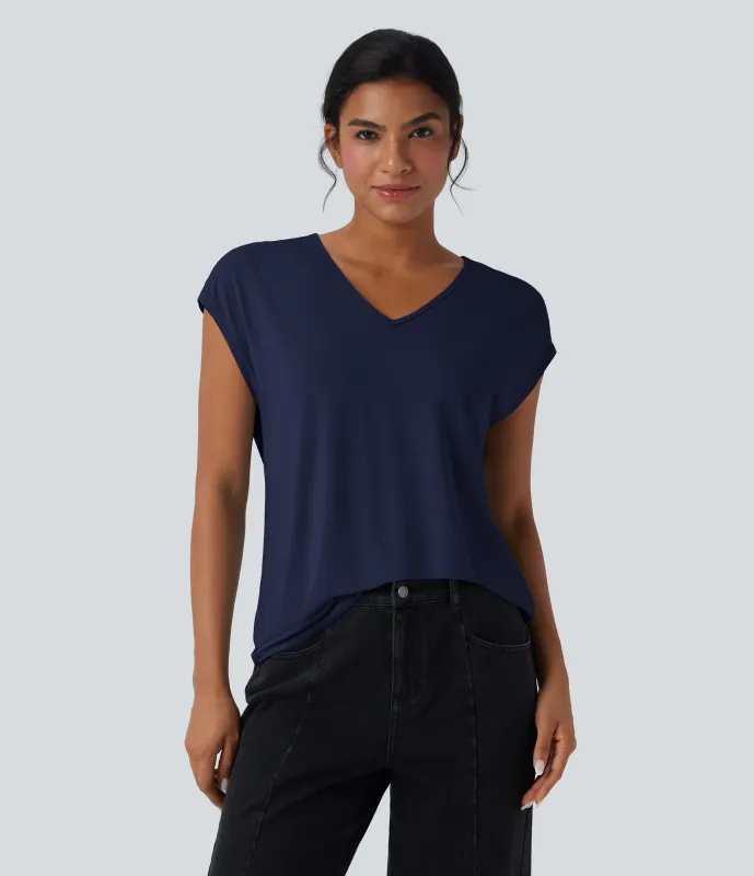 Halara Camiseta casual de manga corta con cuello en V - Maritime Blue - L sold by Halara