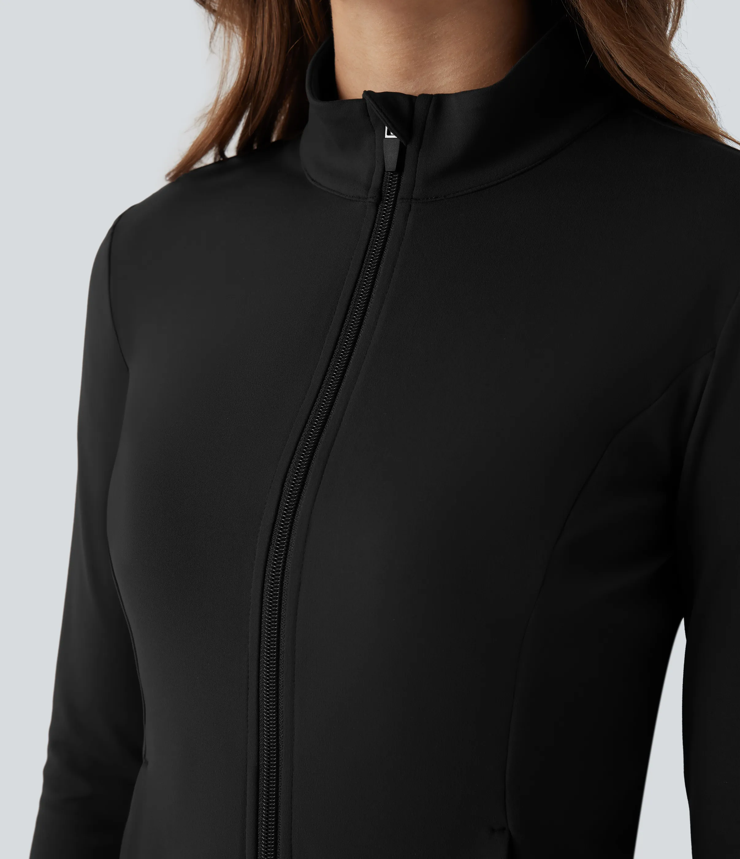 Halara Chaqueta ajustada con cuello alto, cremallera, abertura para el pulgar, dobladillo con volantes y bolsillos - Black - S sold by Halara product image thumbnail 5