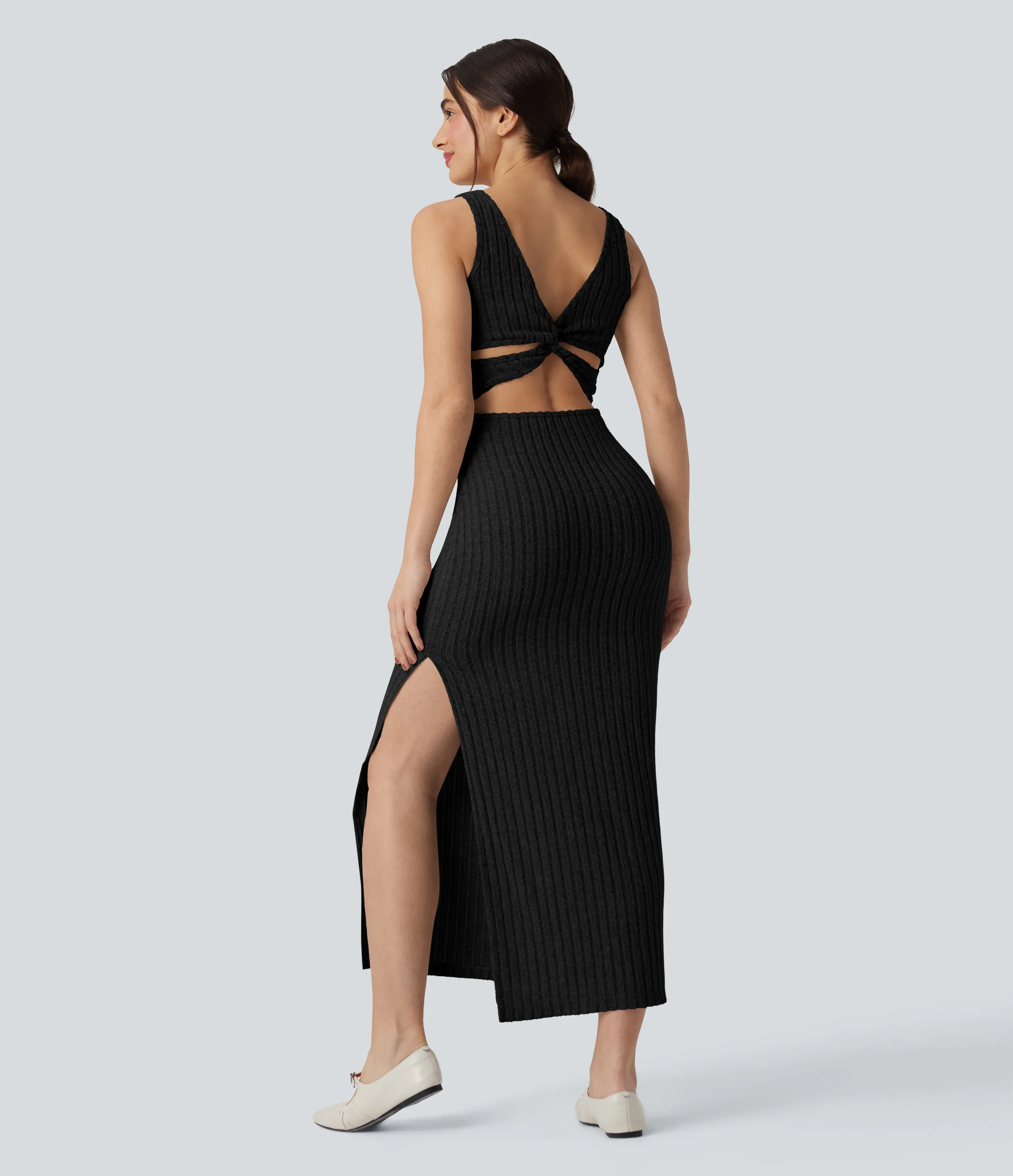 Halara Vestido largo casual ajustado con escote cuadrado sin mangas y espalda torcida con abertura en el bajo - Black - XS sold by Halara product image thumbnail 2