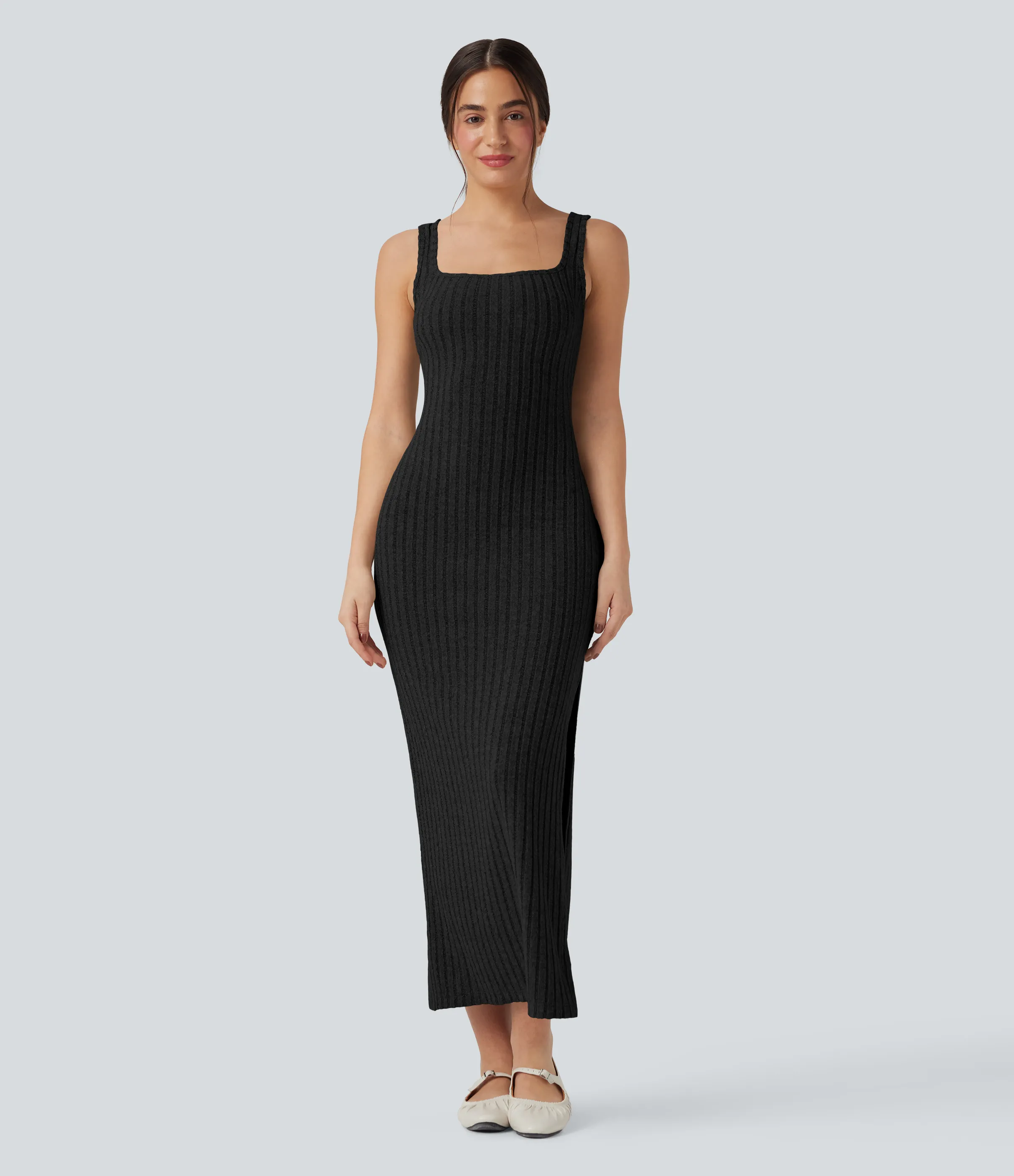 Halara Vestido largo casual ajustado con escote cuadrado sin mangas y espalda torcida con abertura en el bajo - Black - XS sold by Halara product image thumbnail 3