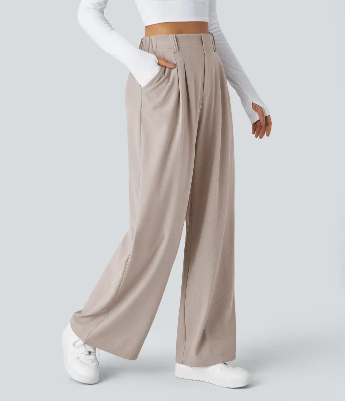 Halara Pantalones Halara Flex™ de oficina anchos plisados de tiro alto con bolsillos en tela tipo gofre - Oat Milk - XS(regular) sold by Halara