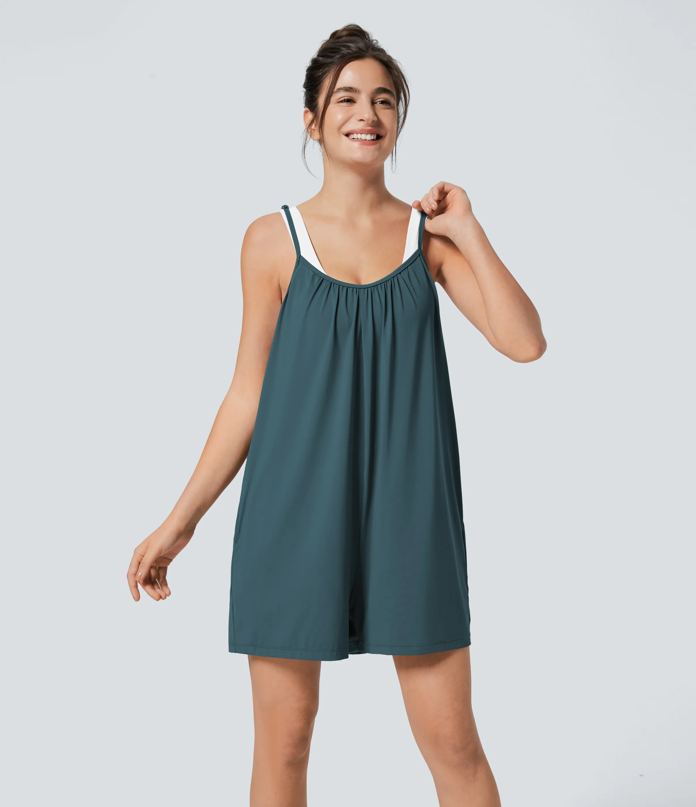 Halara Mono pierna ancha liso bolsillo lateral plisado correa ajustable espagueti - Dark Teal Blue - XS(regular) sold by Halara product image thumbnail 4