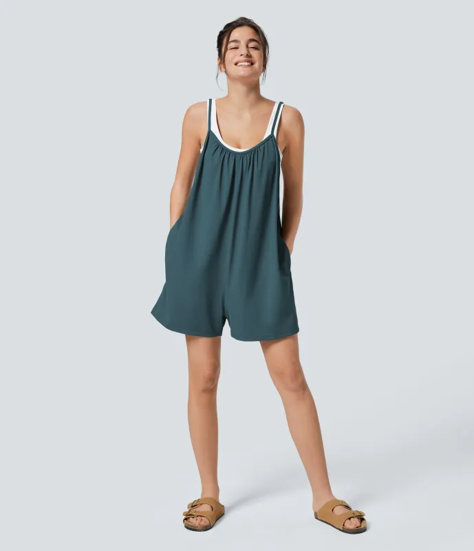 Halara Mono pierna ancha liso bolsillo lateral plisado correa ajustable espagueti - Dark Teal Blue - S(regular) sold by Halara