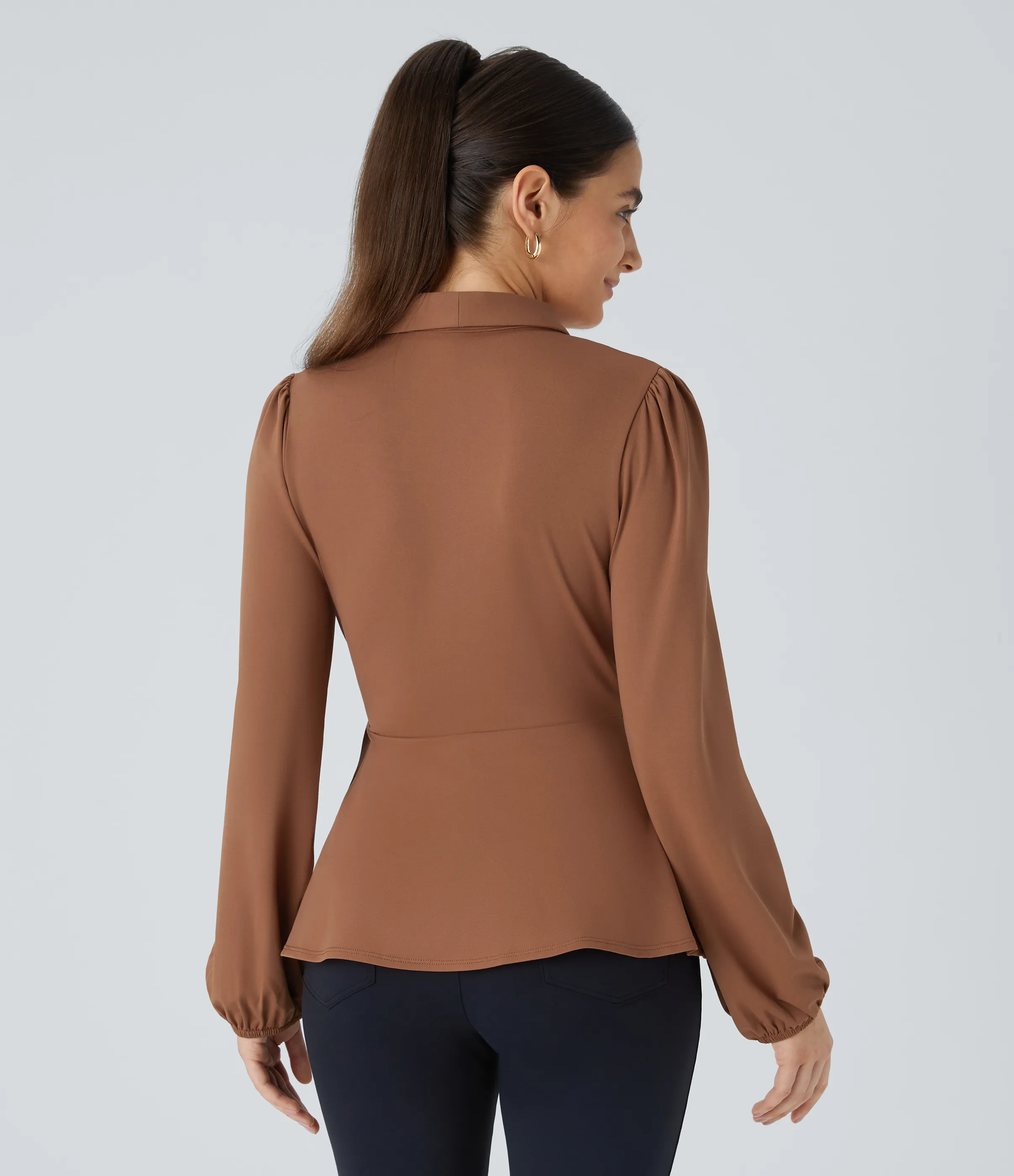 Halara Blusa oficina cuello chal lazo lateral cruzado dobladillo volante - Rust Red - XS sold by Halara product image thumbnail 3