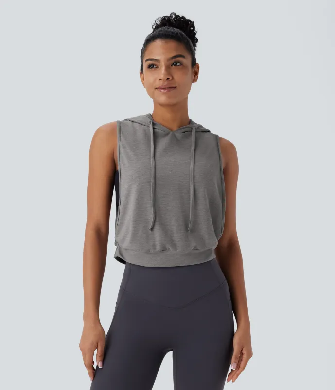 Halara Camiseta sin mangas corta correr capucha cordón ajustable - Mottled Earth Gray - S sold by Halara