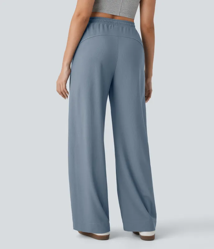 Halara Pantalón tiro alto cordón ajustable bolsillo lateral pierna recta micro gofre - Deep Sea Gray Blue - M(regular) sold by Halara