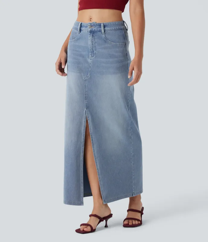 Halara Falda Halara Flex™ Denim elástico lavado abertura múltiple bolsillo tiro medio - Powder Blue Denim - XS(regular) sold by Halara