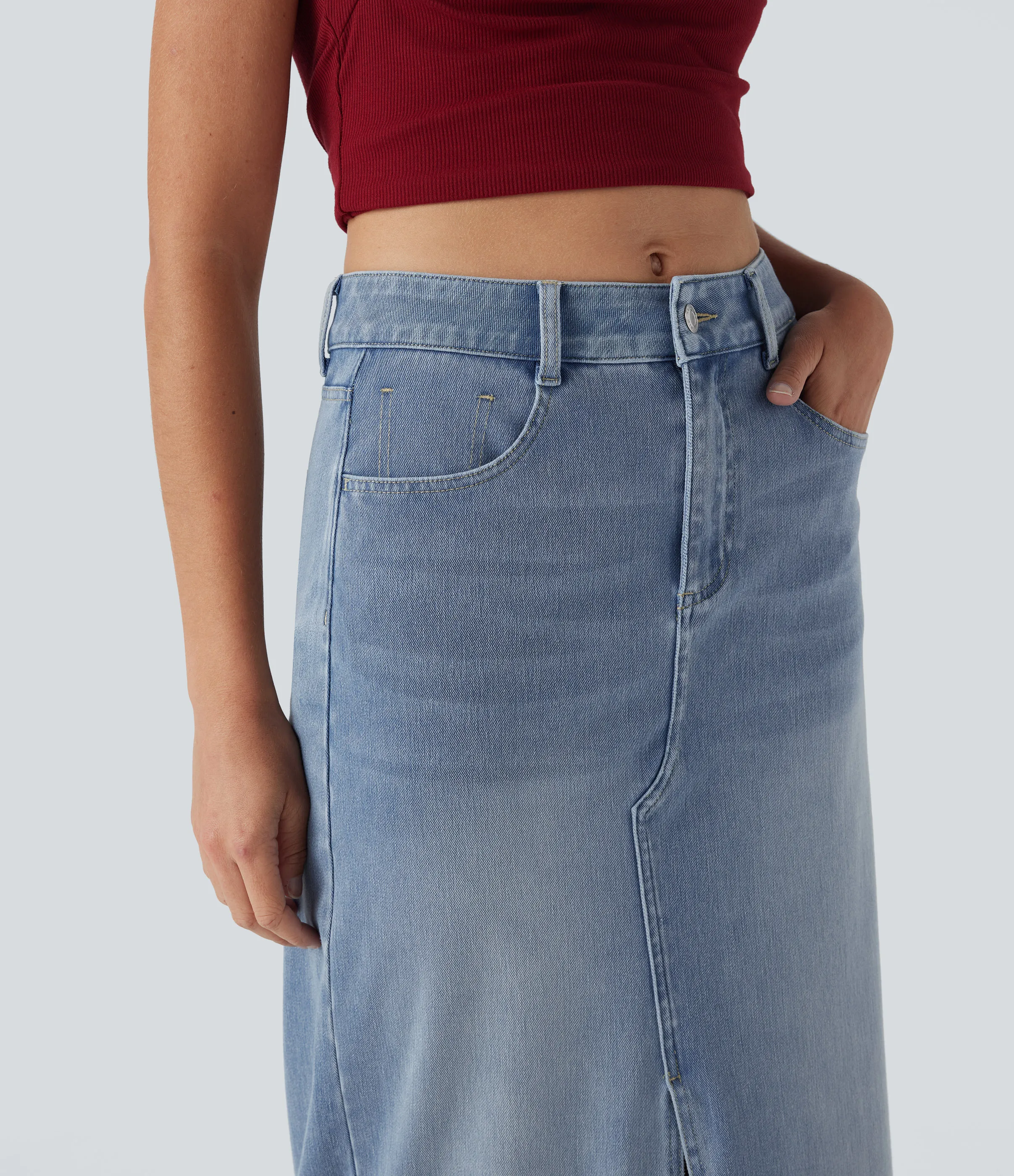 Halara Falda Halara Flex™ Denim elástico lavado abertura múltiple bolsillo tiro medio - Powder Blue Denim - XS(regular) sold by Halara product image thumbnail 5