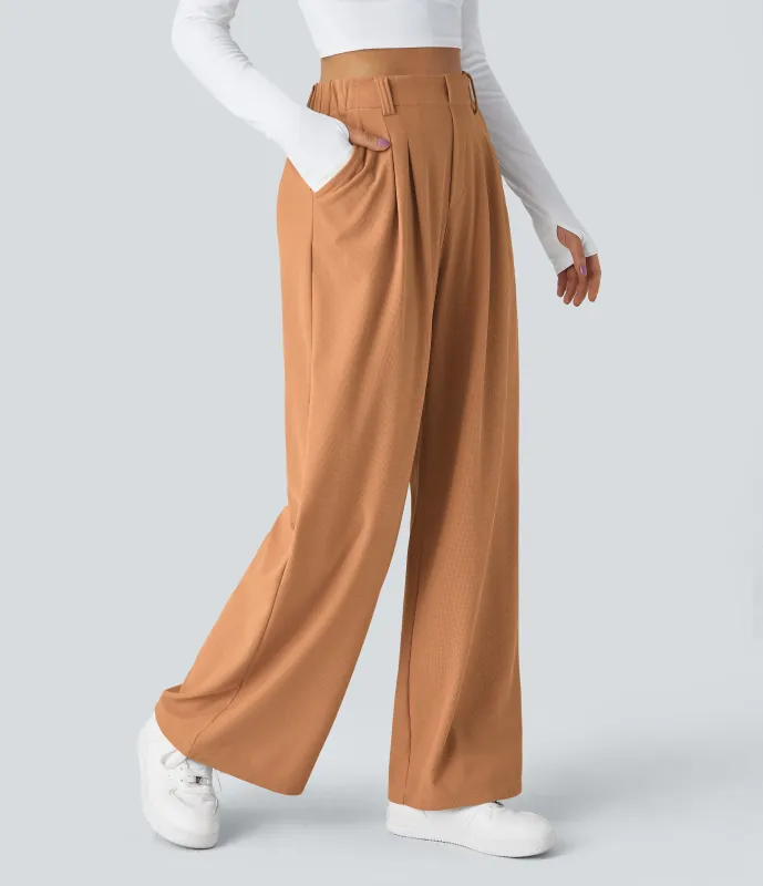 Halara Pantalones Halara Flex™ de oficina anchos plisados de tiro alto con bolsillos en tela tipo gofre - Saturated Orange - M(regular) sold by Halara