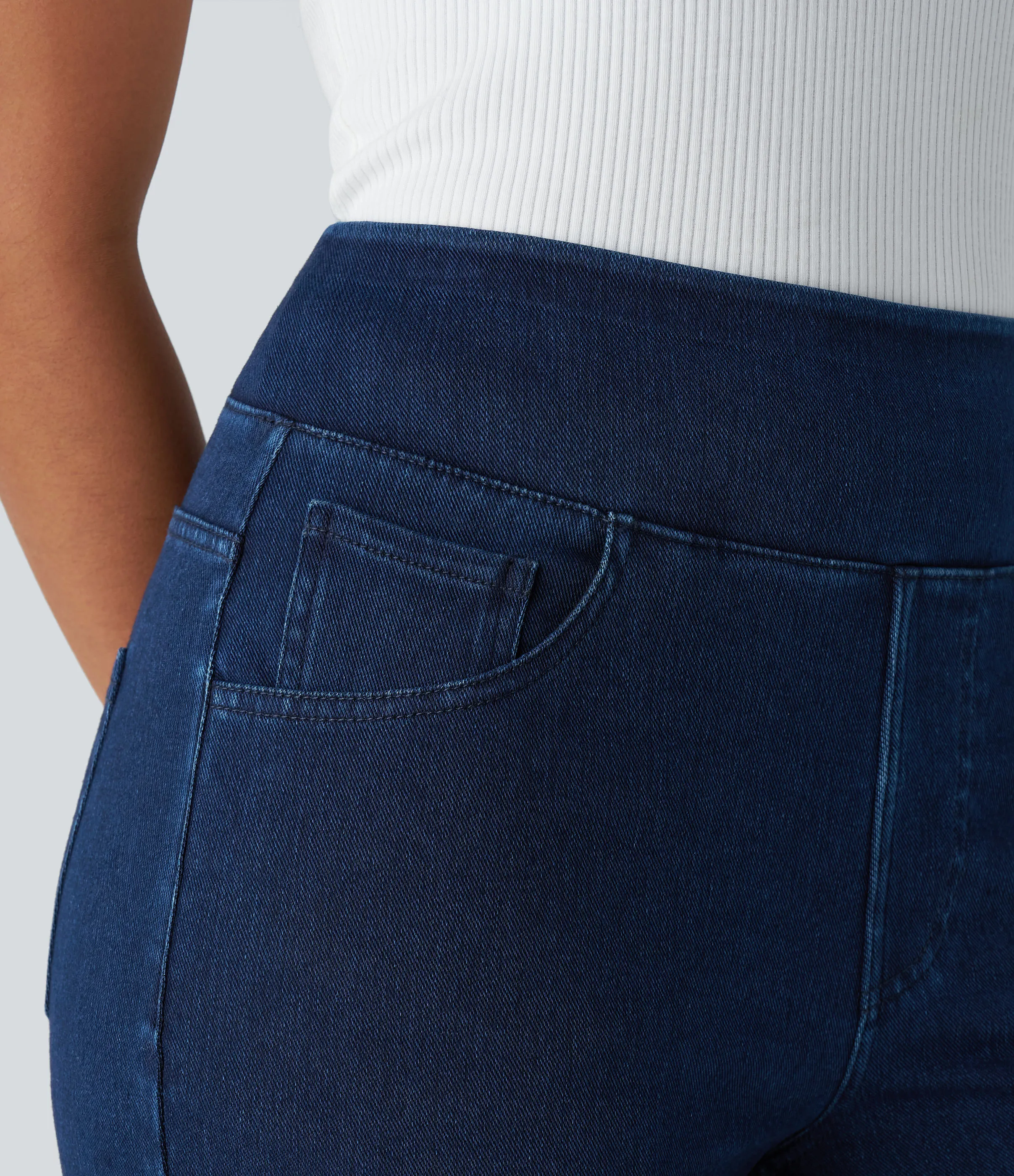 Halara Jeans Halara Flex™ Denim oficina elástico pierna recta tiro alto múltiple bolsillo - Washed Denim Navy Blue - M(petite) sold by Halara product image thumbnail 5