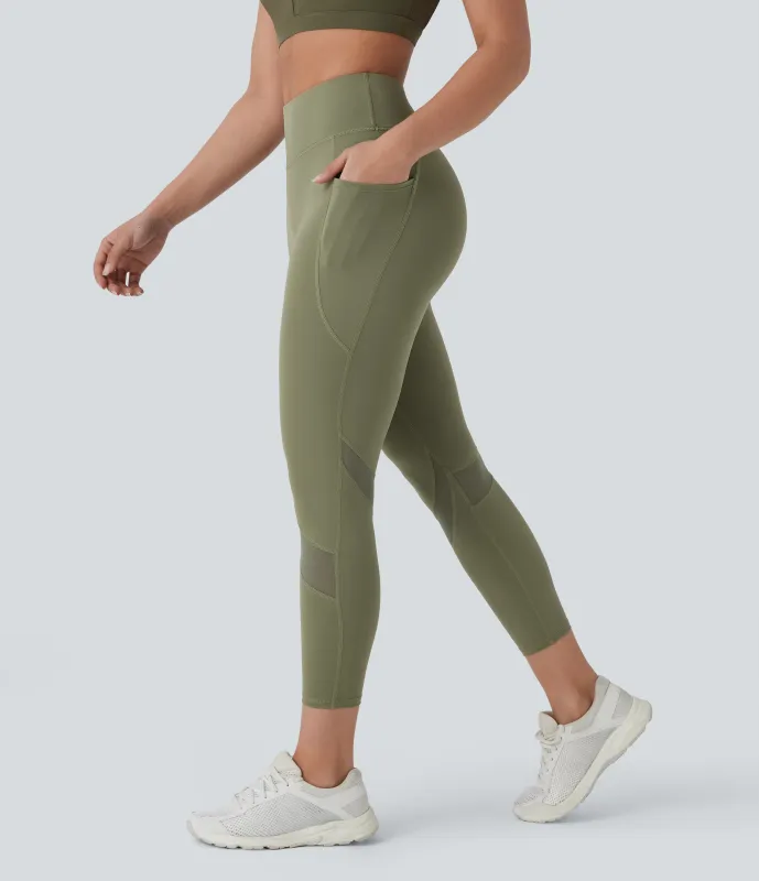 Halara Leggings yoga 7/8 tiro alto bolsillo lateral malla contrastante - Catkin Green - M(7/8) sold by Halara