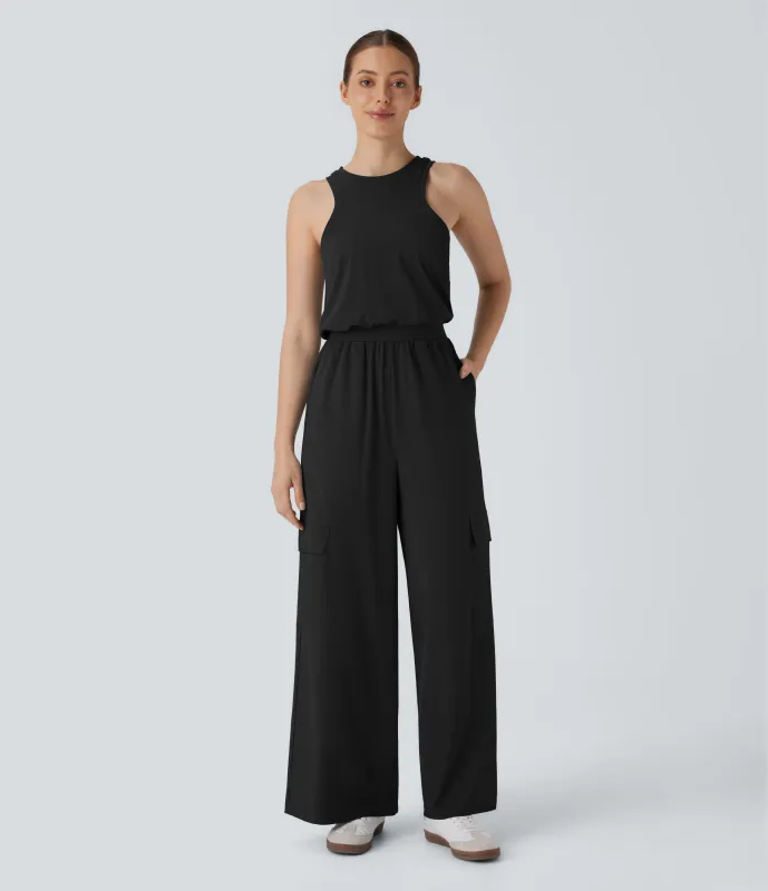 Halara Mono casual Breezeful™ recto sin mangas de cuello redondo con cremallera invisible, múltiples bolsillos y secado rápido - Black - L(regular) sold by Halara