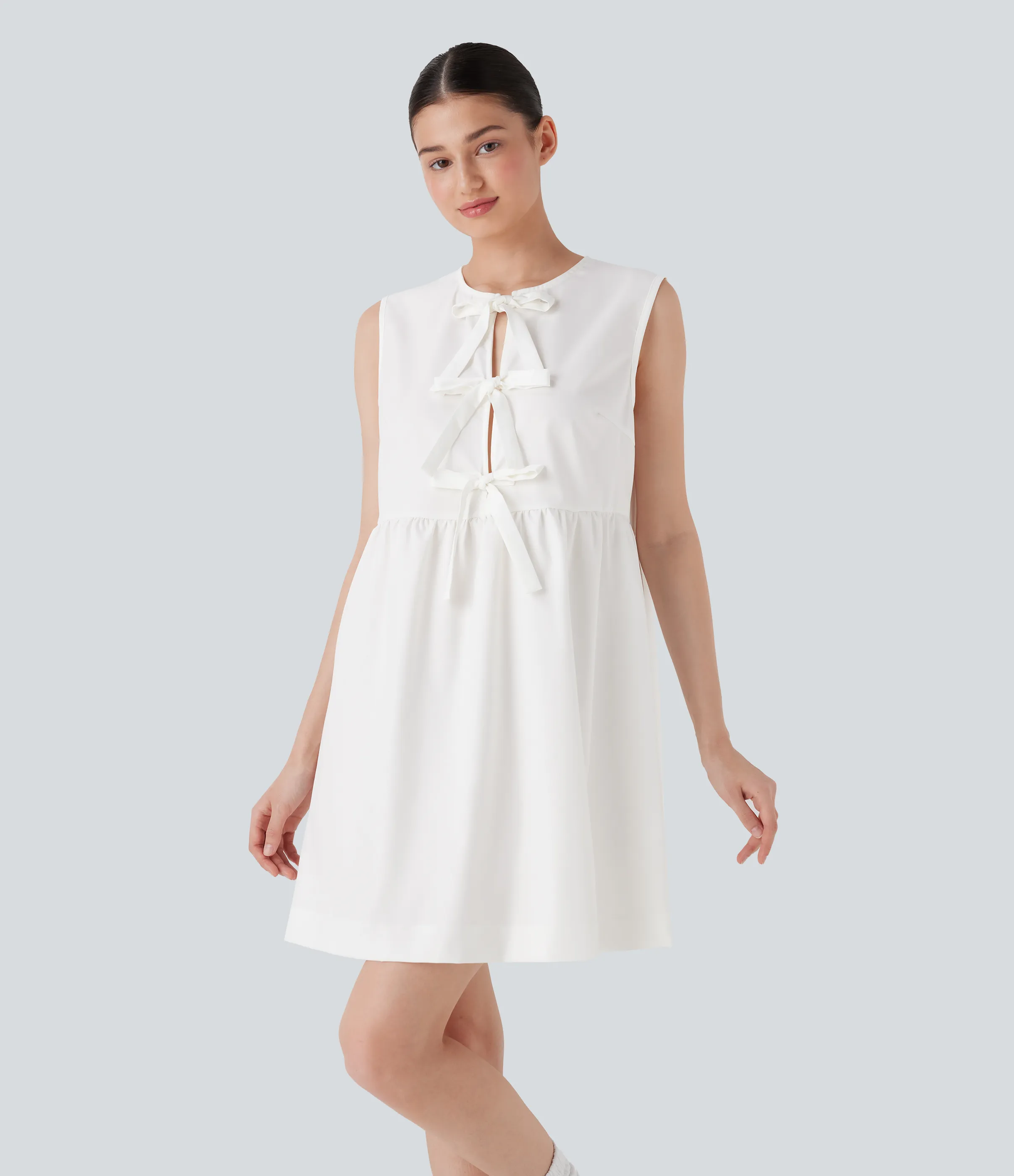 Halara Vestido mini casual sin mangas con lazo en la parte delantera - White - L sold by Halara