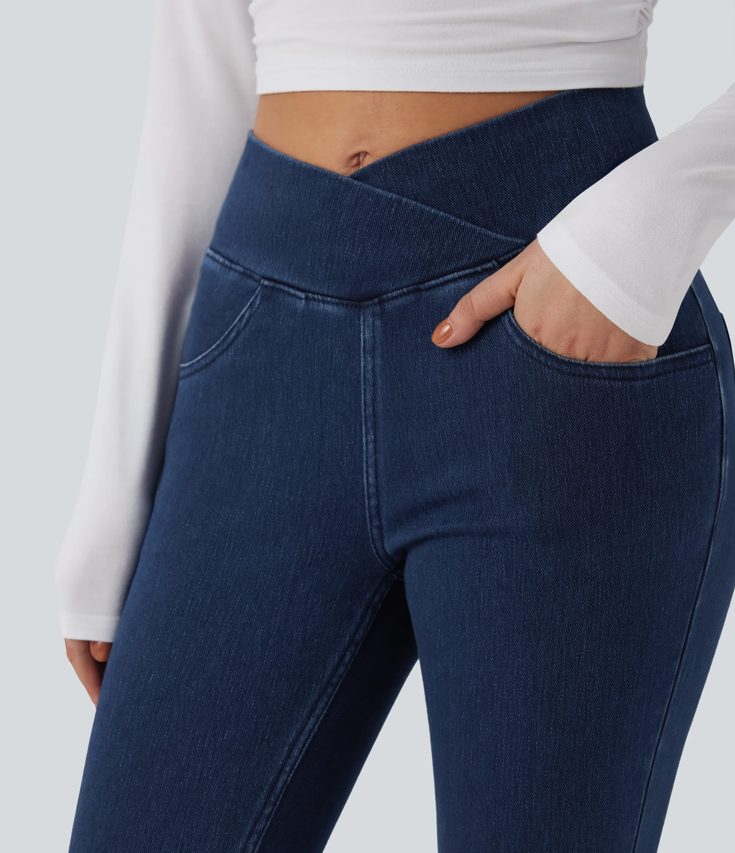 Halara Leggings capri Halara Flex™ Denim mezclilla punto elástico tiro alto bolsillo - Washed Denim Navy Blue - XS(regular) sold by Halara product image thumbnail 5