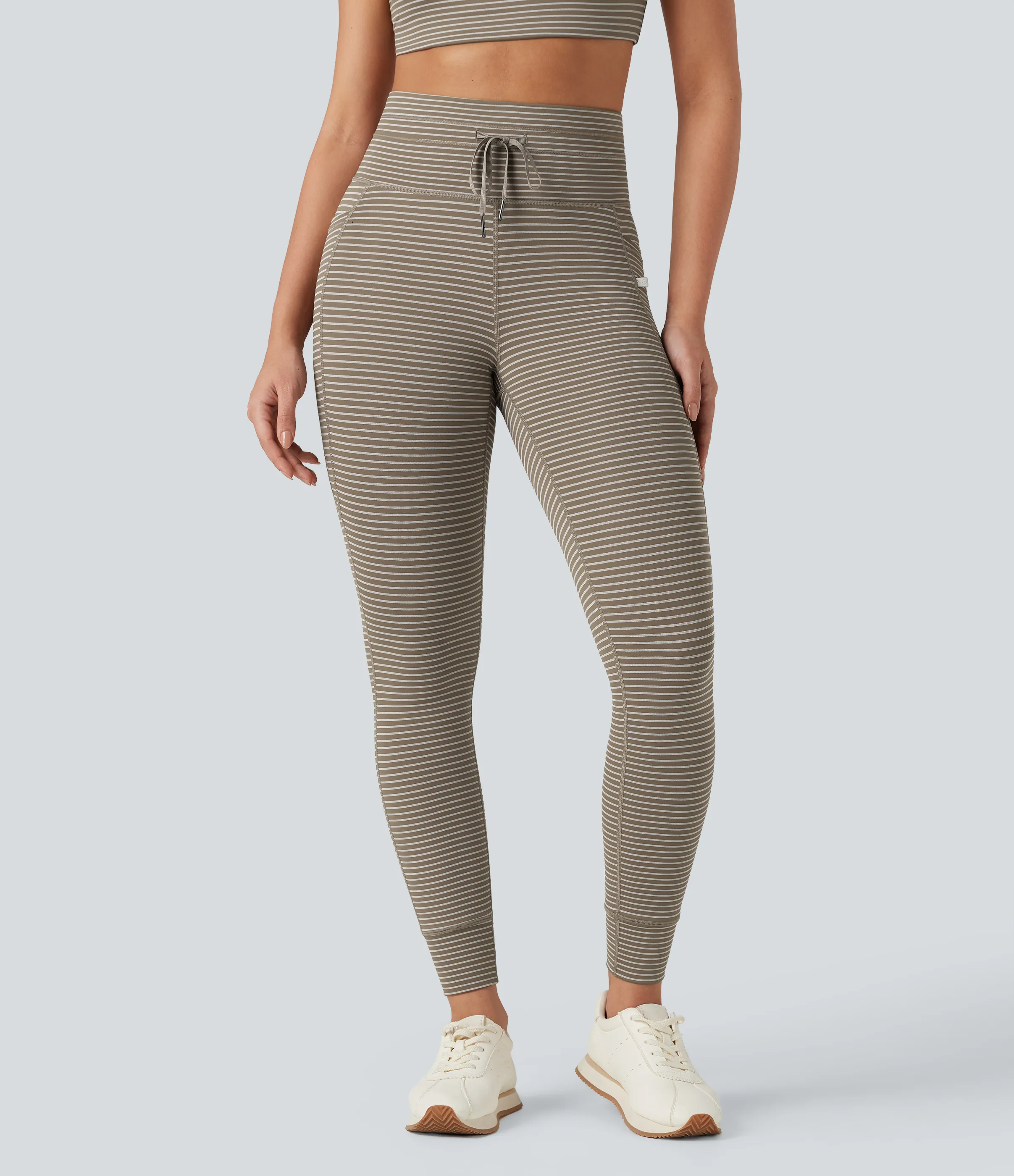 Halara Leggings de yoga de tiro alto a rayas con cordón y bolsillos - Sandstone Beige - M(7/8) sold by Halara product image thumbnail 4