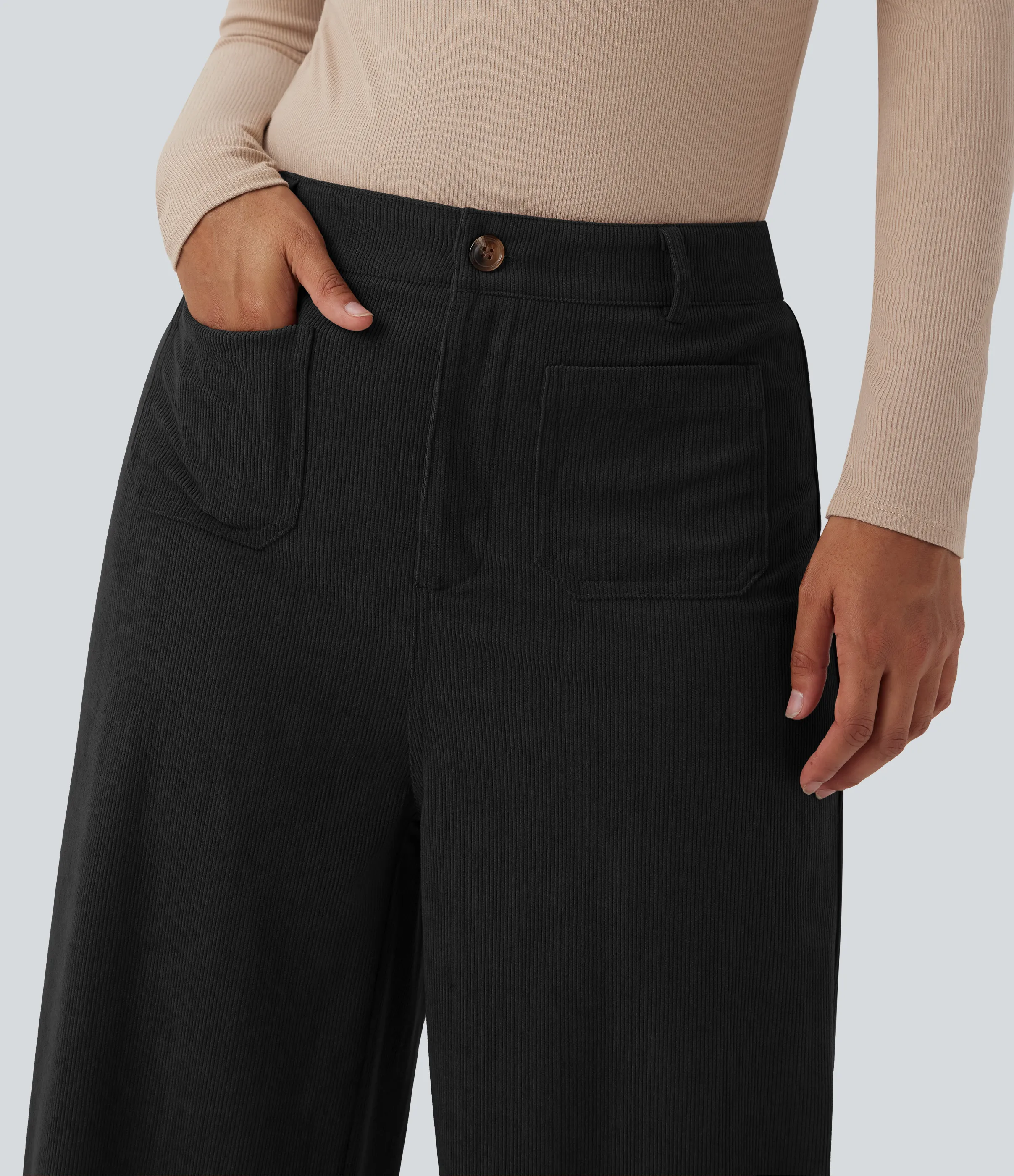 Halara Pantalones casuales rectos de pana de tiro alto con bolsillos - Black - XS(regular) sold by Halara product image thumbnail 5