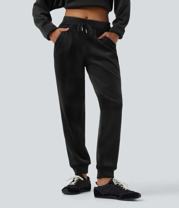 Halara Joggers casuales térmicos de punto acanalado con tiro medio, cordón ajustable y bolsillos - Black - XS(regular) sold by Halara