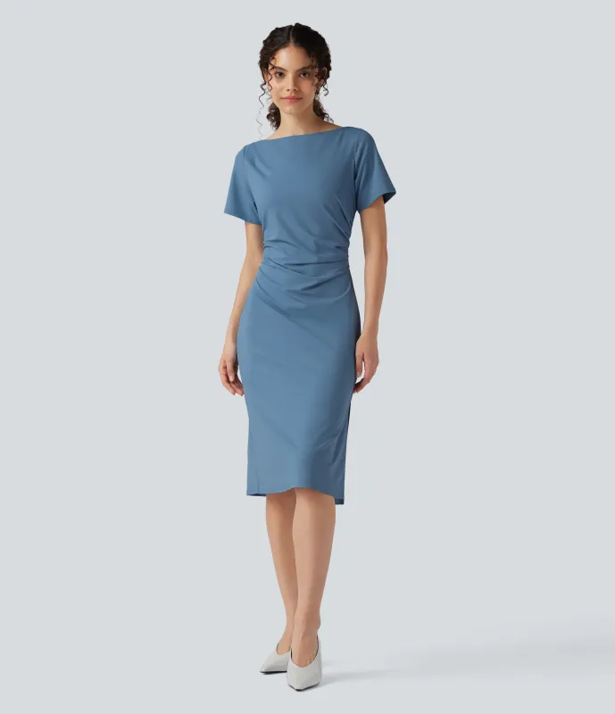 Halara Vestido de oficina midi de manga corta con fruncido - Blue Heaven - L sold by Halara