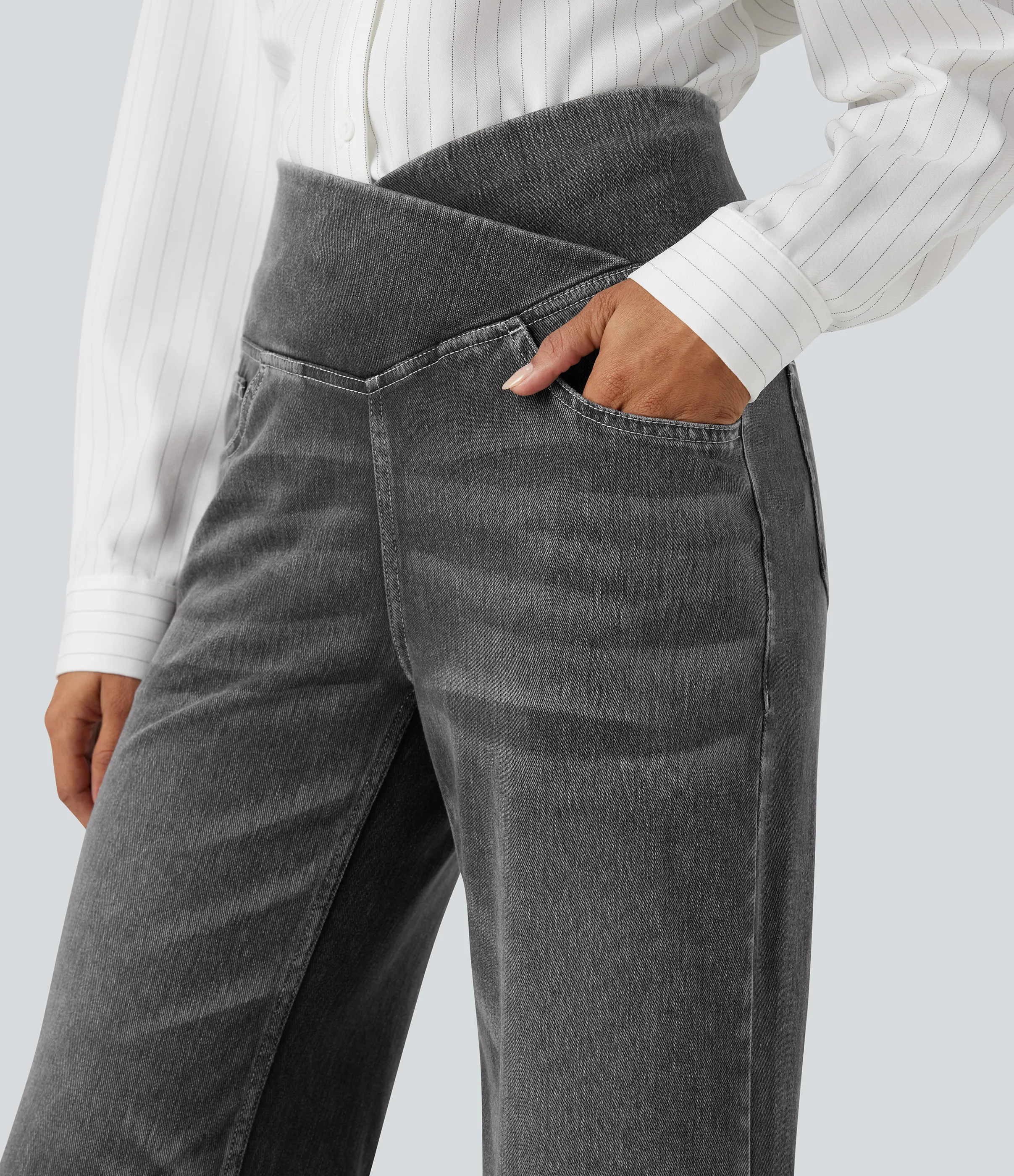 Halara Jeans casuales rectos con control de abdomen de tiro alto cruzado y bolsillos, estilo Halara Flex™ SoCinched - Iron Gate Denim - XL(petite) sold by Halara product image thumbnail 5