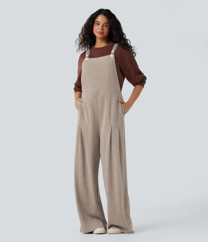 Halara Jumpsuit casual ancho y acanalado con bolsillos - Mocha Meringue - XS(regular) sold by Halara