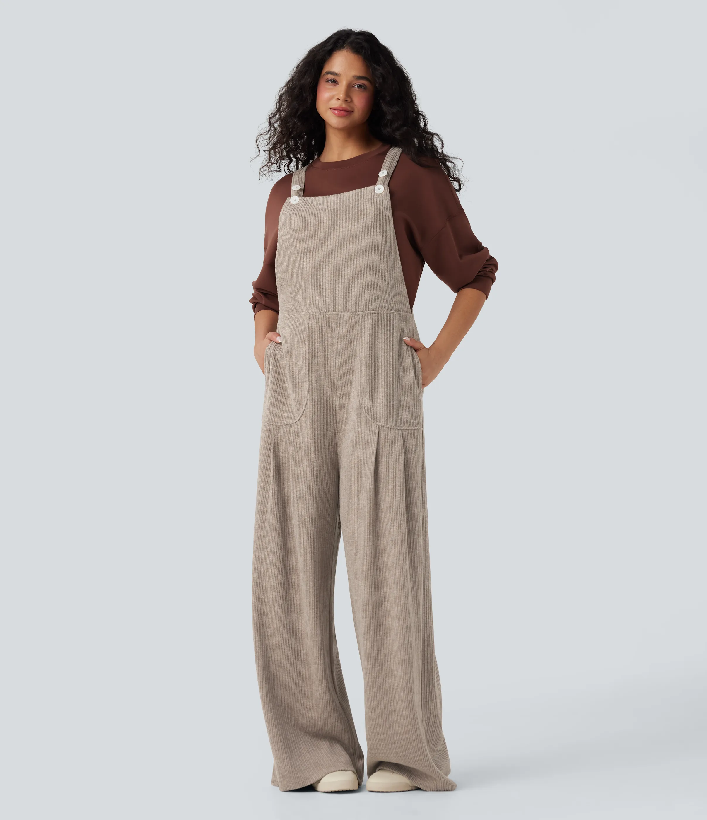 Halara Jumpsuit casual ancho y acanalado con bolsillos - Mocha Meringue - XS(regular) sold by Halara