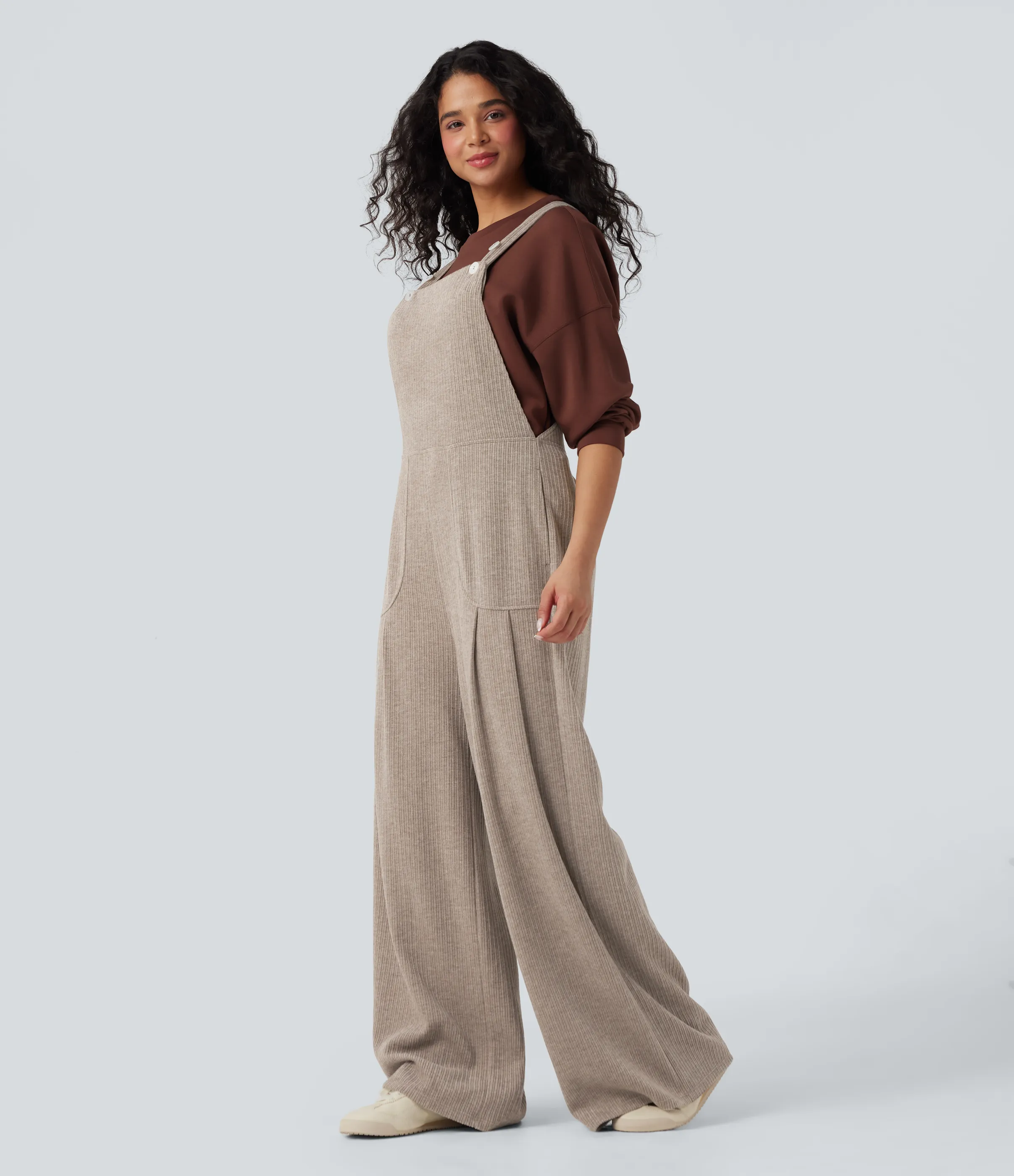 Halara Jumpsuit casual ancho y acanalado con bolsillos - Mocha Meringue - XS(regular) sold by Halara product image thumbnail 4