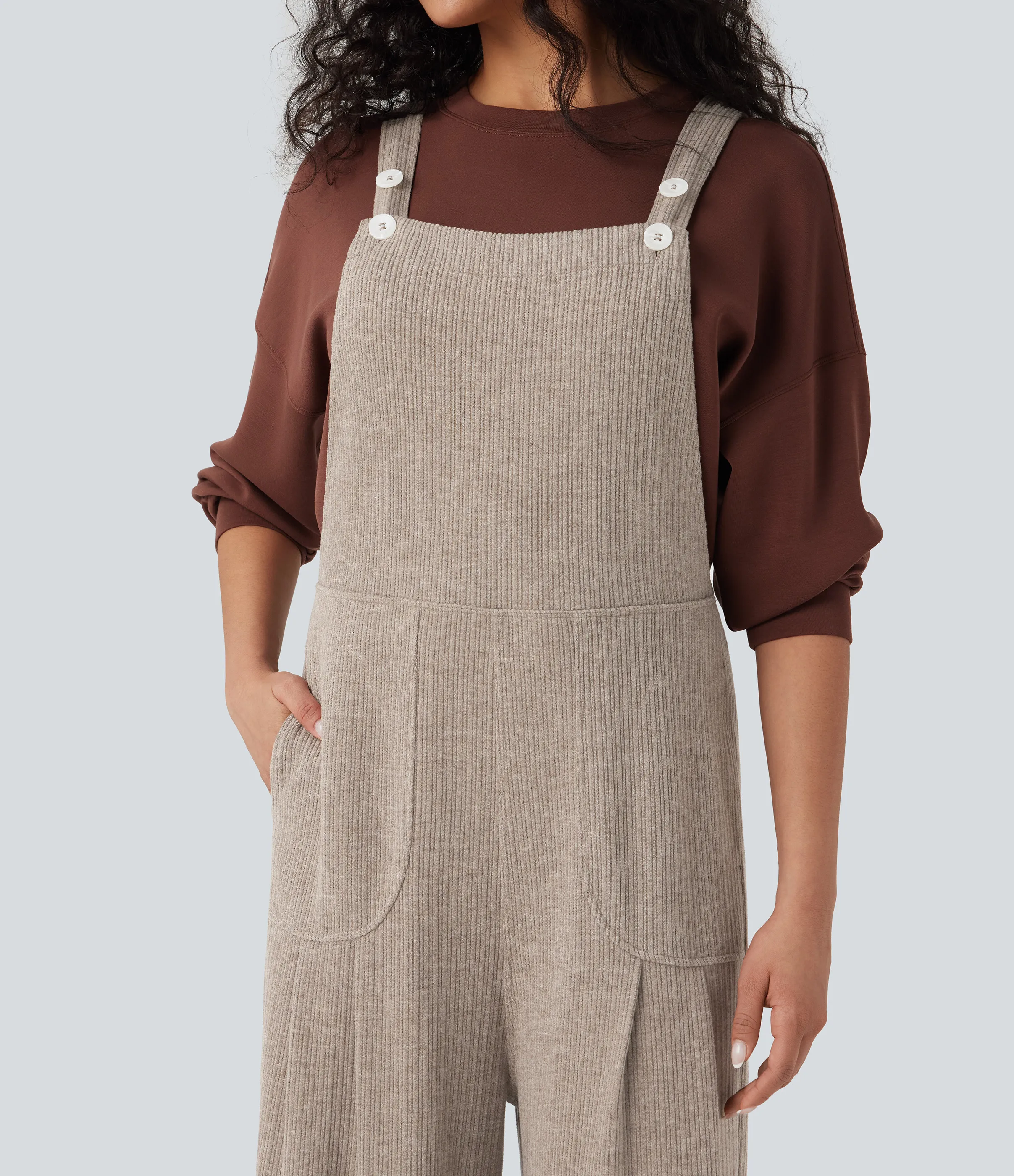 Halara Jumpsuit casual ancho y acanalado con bolsillos - Mocha Meringue - XS(regular) sold by Halara product image thumbnail 5