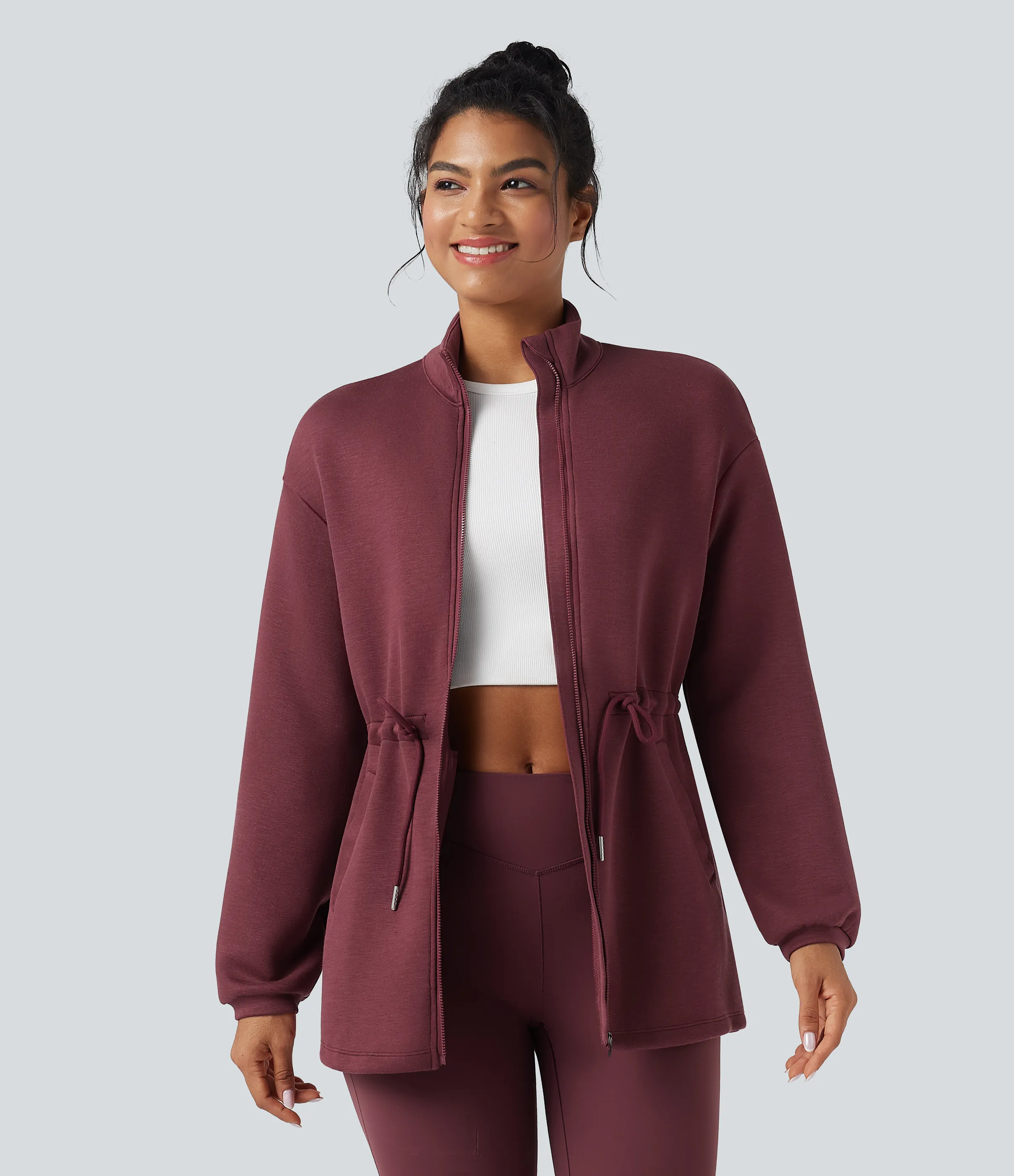 Halara Chamarra casual de cuello alto y manga larga con cordón y bolsillos - Oxblood Red - XL sold by Halara product image thumbnail 4