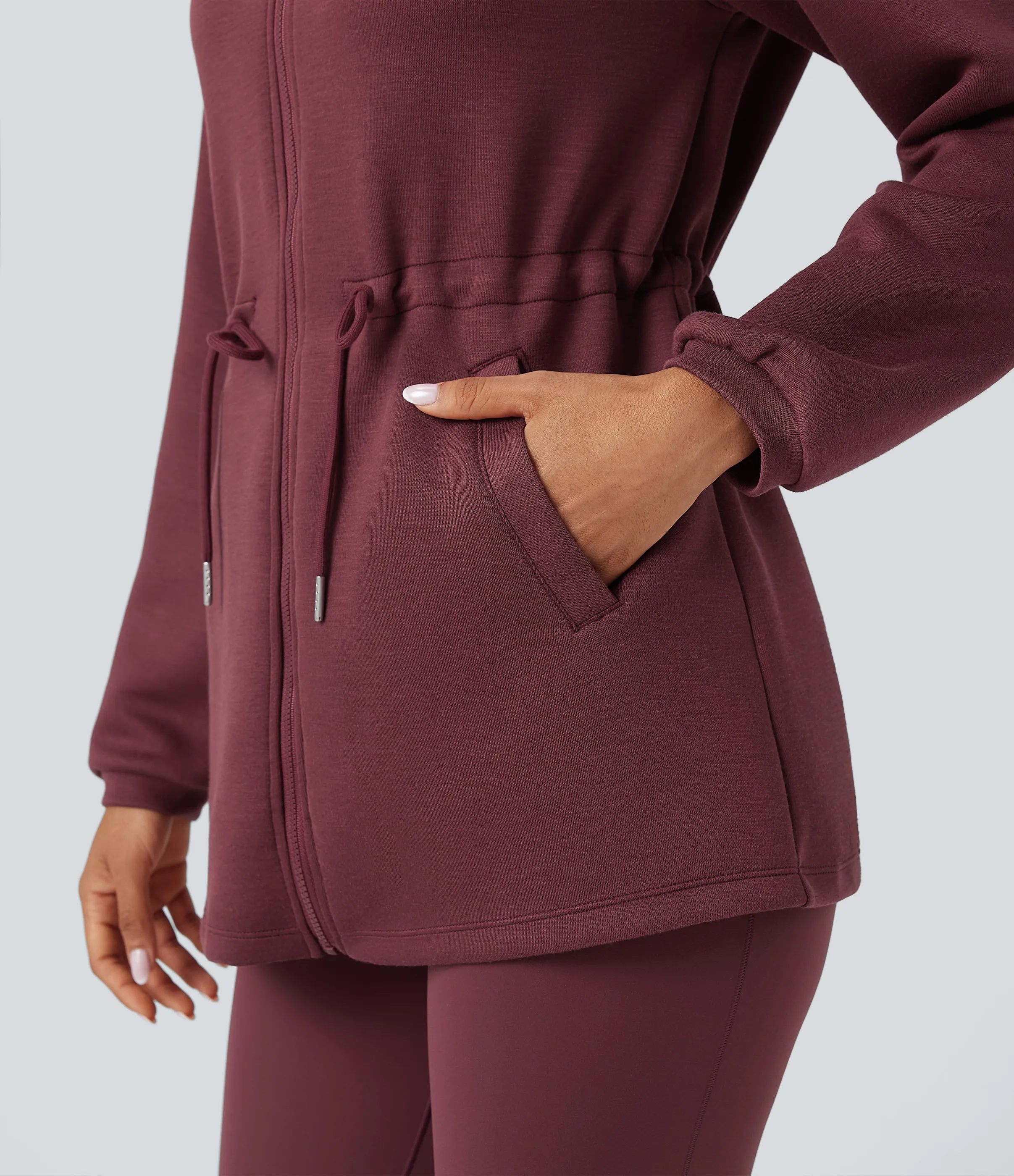 Halara Chamarra casual de cuello alto y manga larga con cordón y bolsillos - Oxblood Red - XL sold by Halara product image thumbnail 5