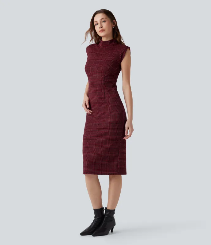 Halara Vestido de oficina midi ajustado con cuello alto sin mangas y estampado de pata de gallo a cuadros - Burgundy Houndstooth Pattern - XL sold by Halara