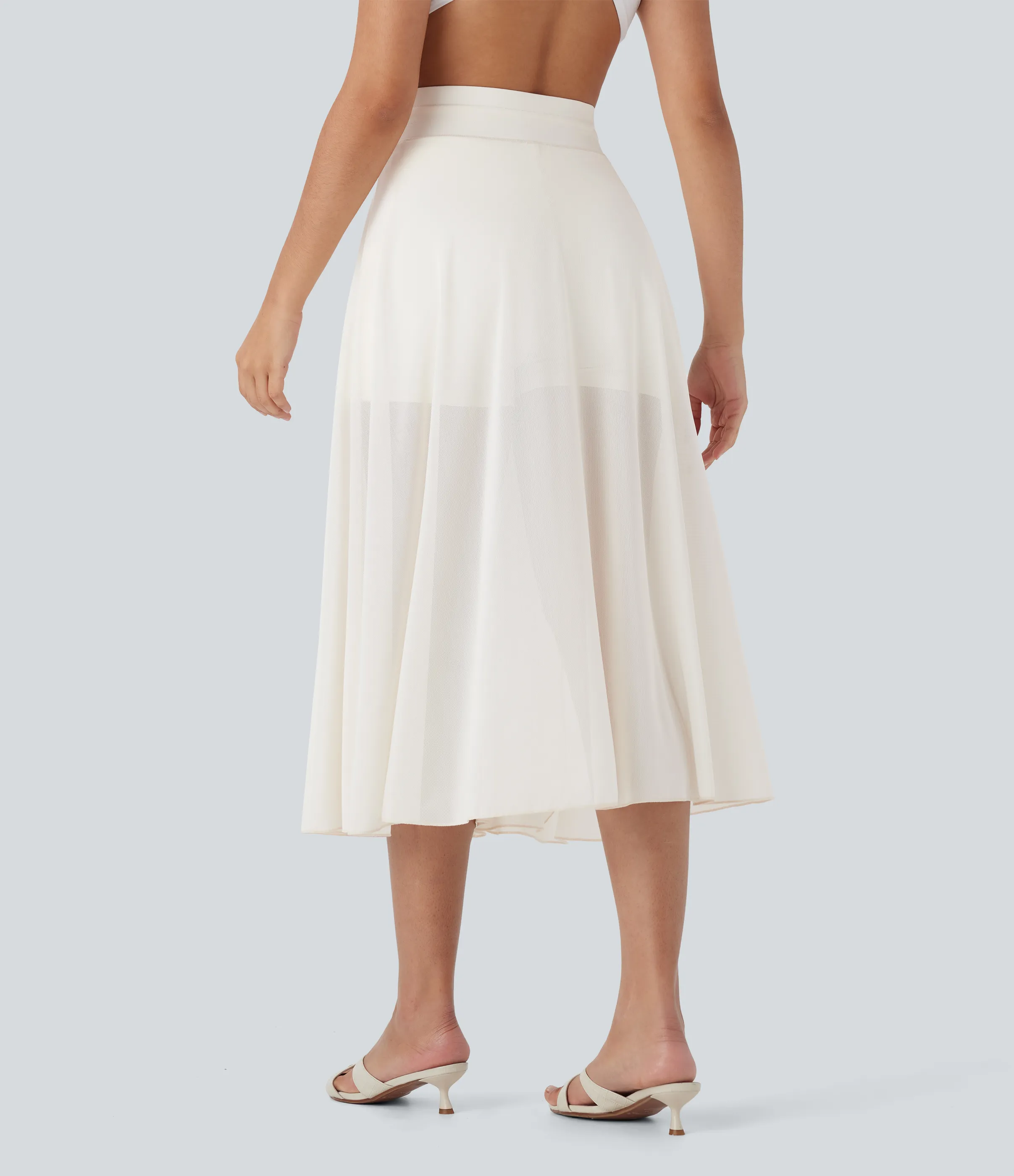 Halara Falda midi casual 2 en 1 acampanada con bolsillo lateral de tiro alto con cordón y malla en contraste - Cloud Dancer - S sold by Halara product image thumbnail 3