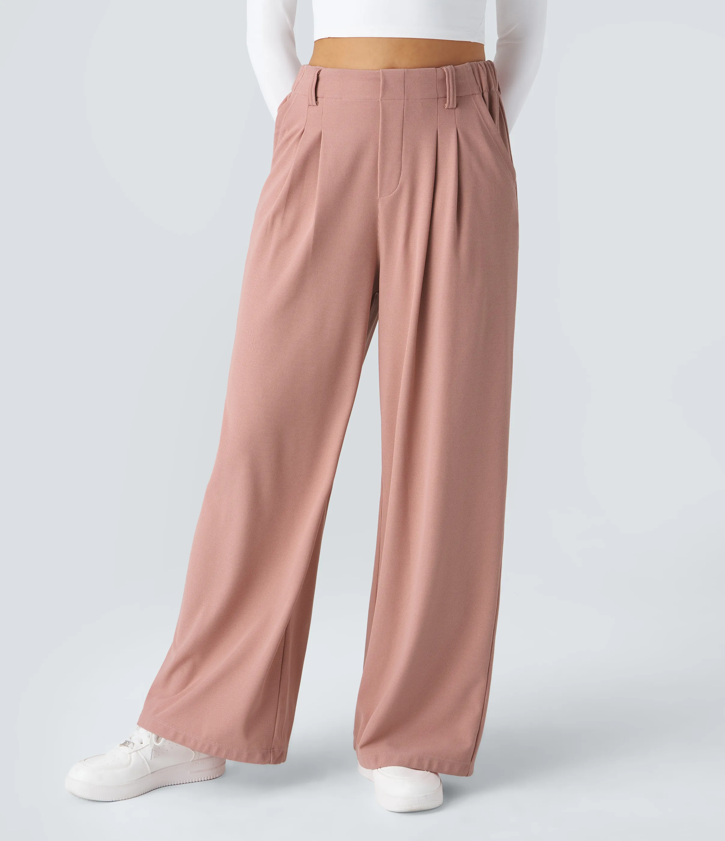 Halara Pantalones Halara Flex™ de oficina anchos plisados de tiro alto con bolsillos en tela tipo gofre - Rose Tan - XL(petite) sold by Halara product image thumbnail 4