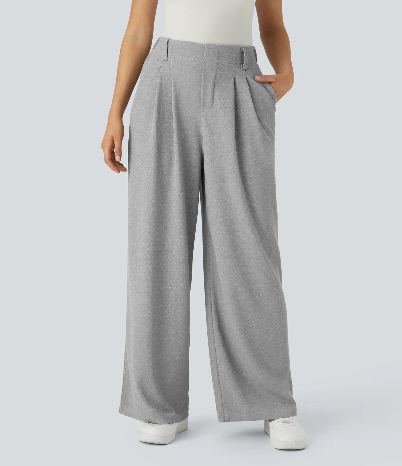 Halara Pantalones Halara Flex™ de oficina anchos plisados de tiro alto con bolsillos en tela tipo gofre - Waffle Gray - L(petite) sold by Halara