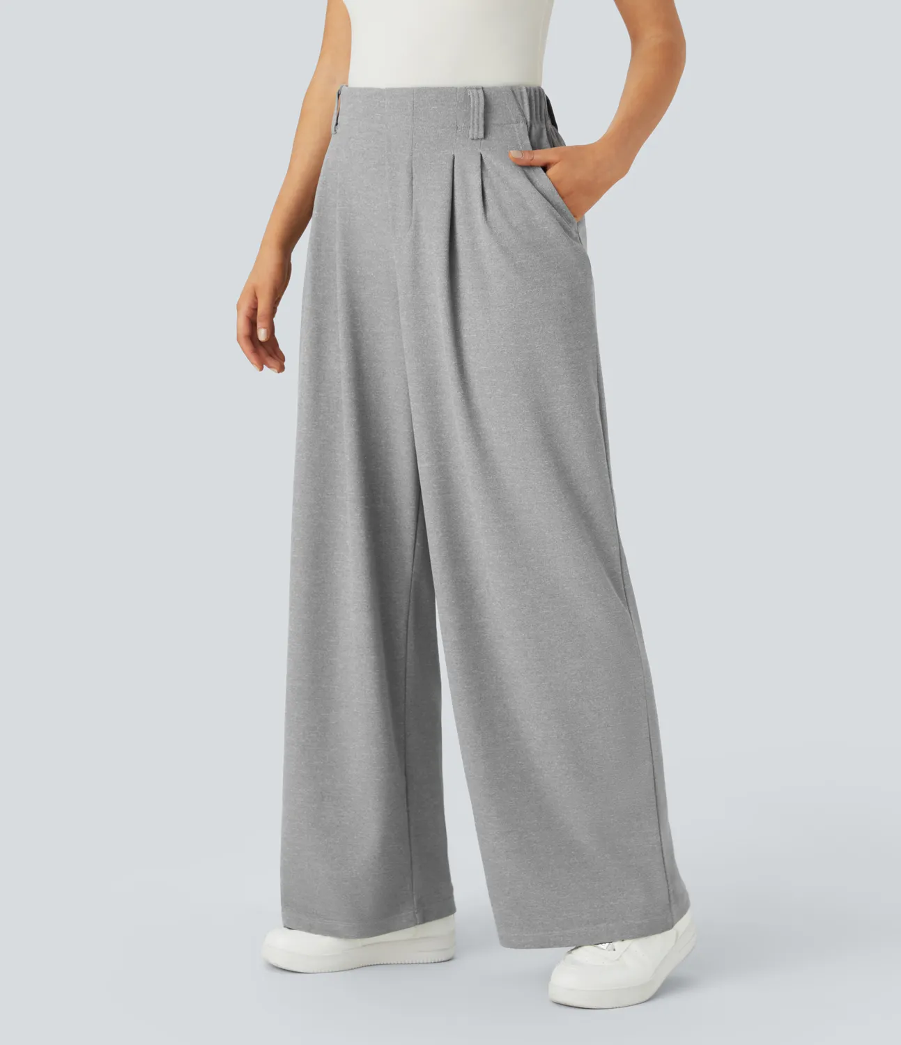 Halara Pantalones Halara Flex™ de oficina anchos plisados de tiro alto con bolsillos en tela tipo gofre - Waffle Gray - L(petite) sold by Halara product image thumbnail 4