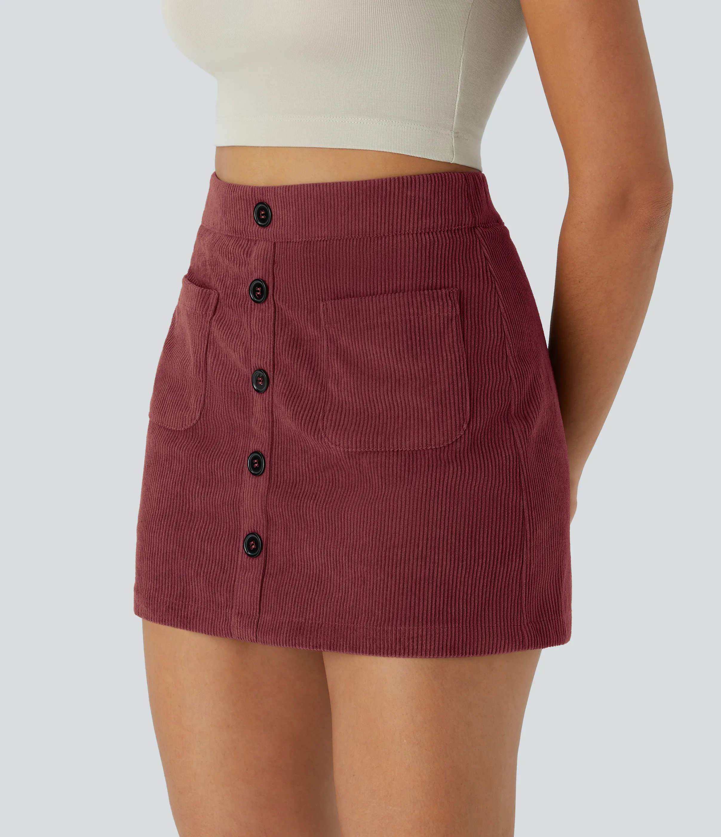 Halara Minifalda pana 2 en 1 tiro alto botón bolsillo lateral delantero cremallera - Deep Wine - XL(regular) sold by Halara product image thumbnail 2