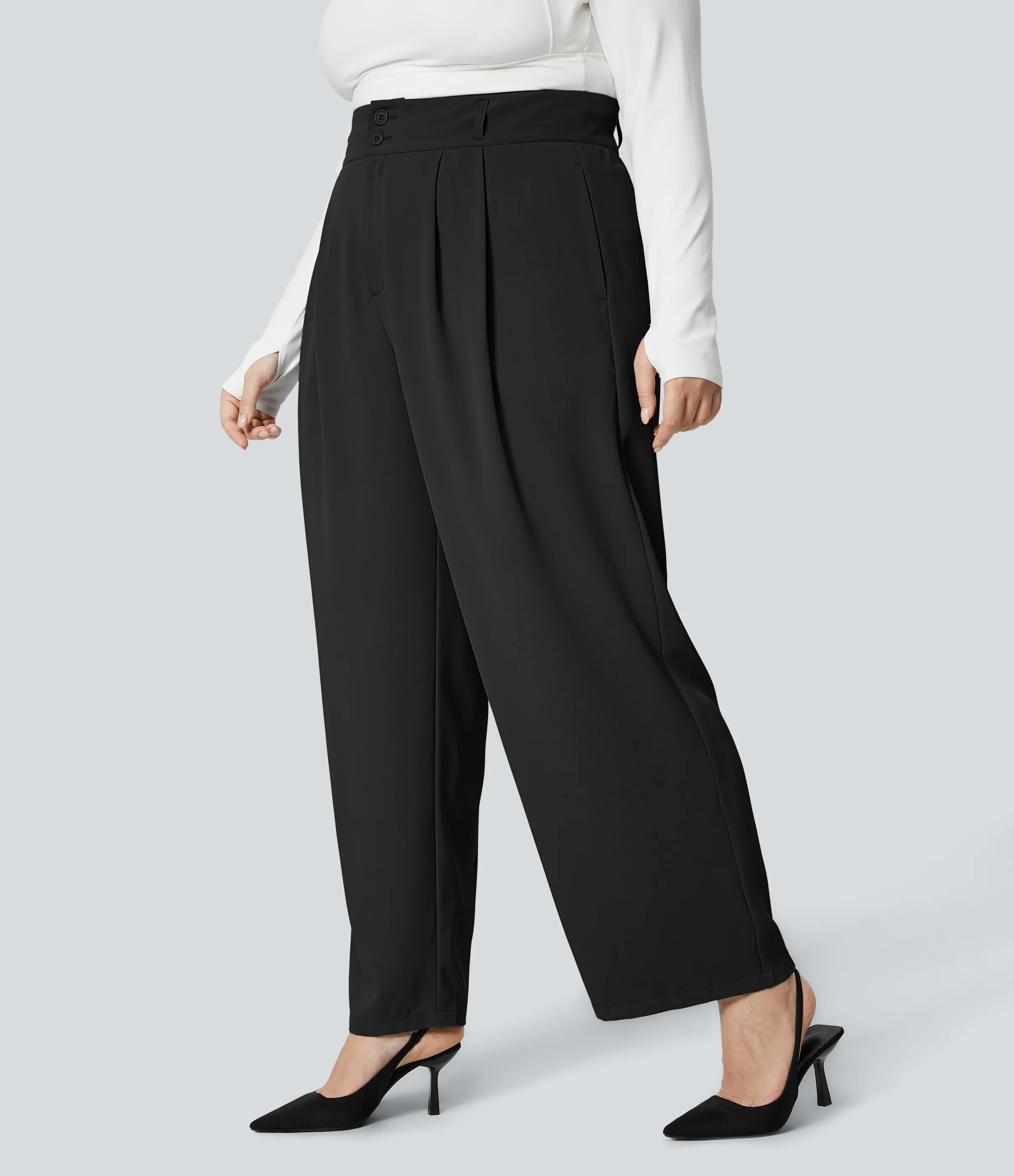 Halara Pantalón oficina tiro alto botón cremallera bolsillo lateral fruncido pierna recta talla grande - Black - 1X(regular) sold by Halara product image thumbnail 2