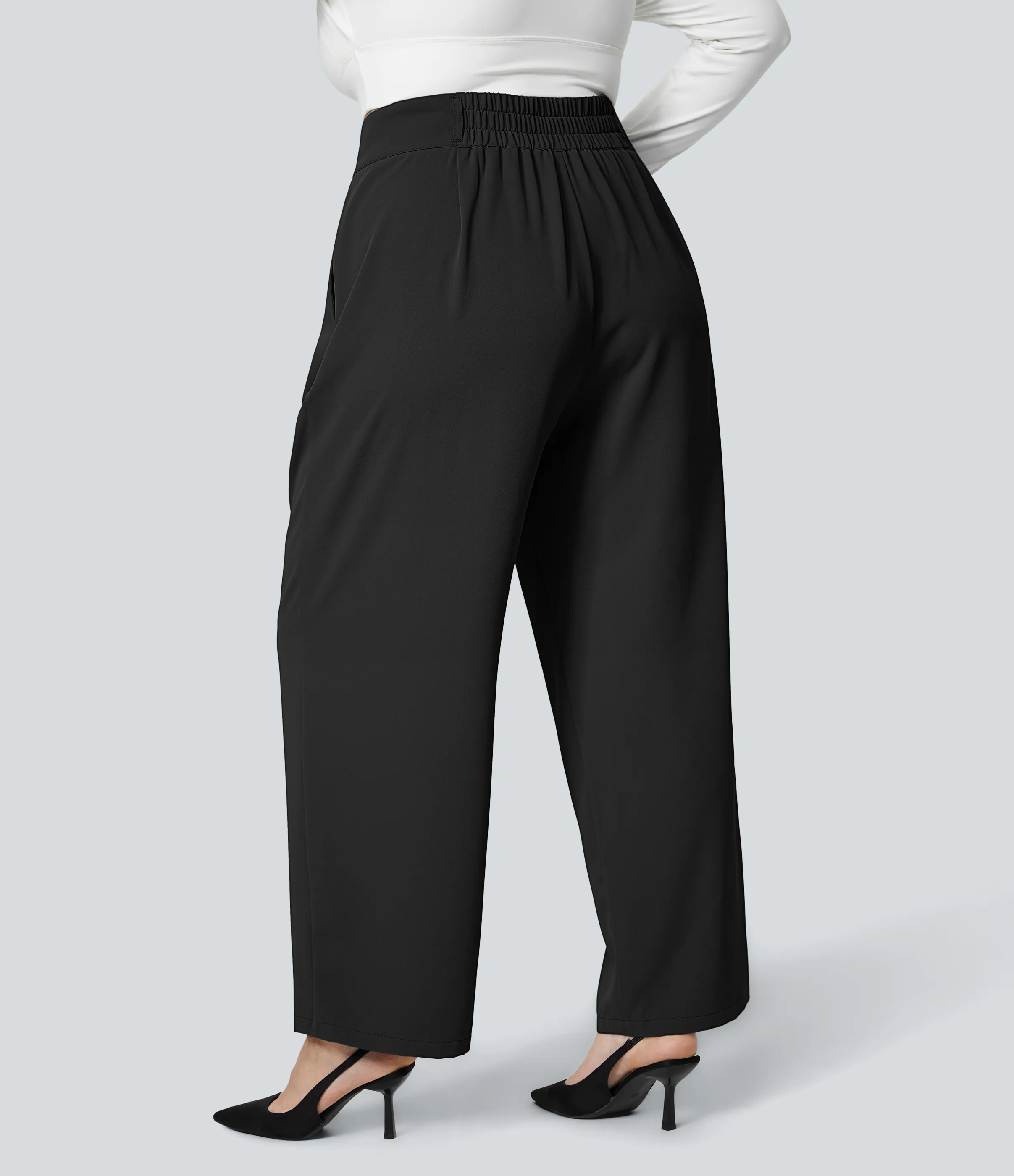 Halara Pantalón oficina tiro alto botón cremallera bolsillo lateral fruncido pierna recta talla grande - Black - 1X(regular) sold by Halara product image thumbnail 3