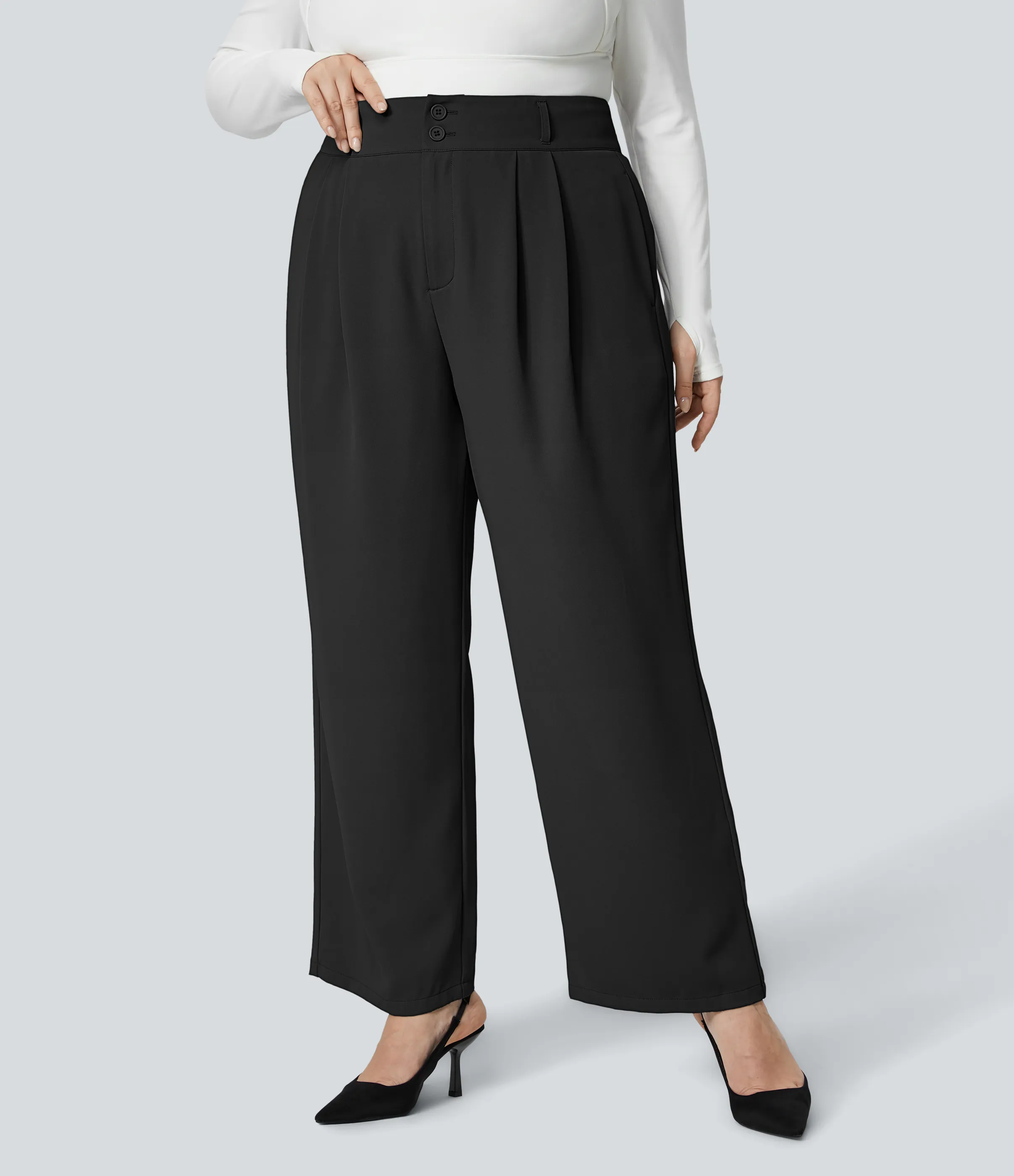 Halara Pantalón oficina tiro alto botón cremallera bolsillo lateral fruncido pierna recta talla grande - Black - 1X(regular) sold by Halara product image thumbnail 4