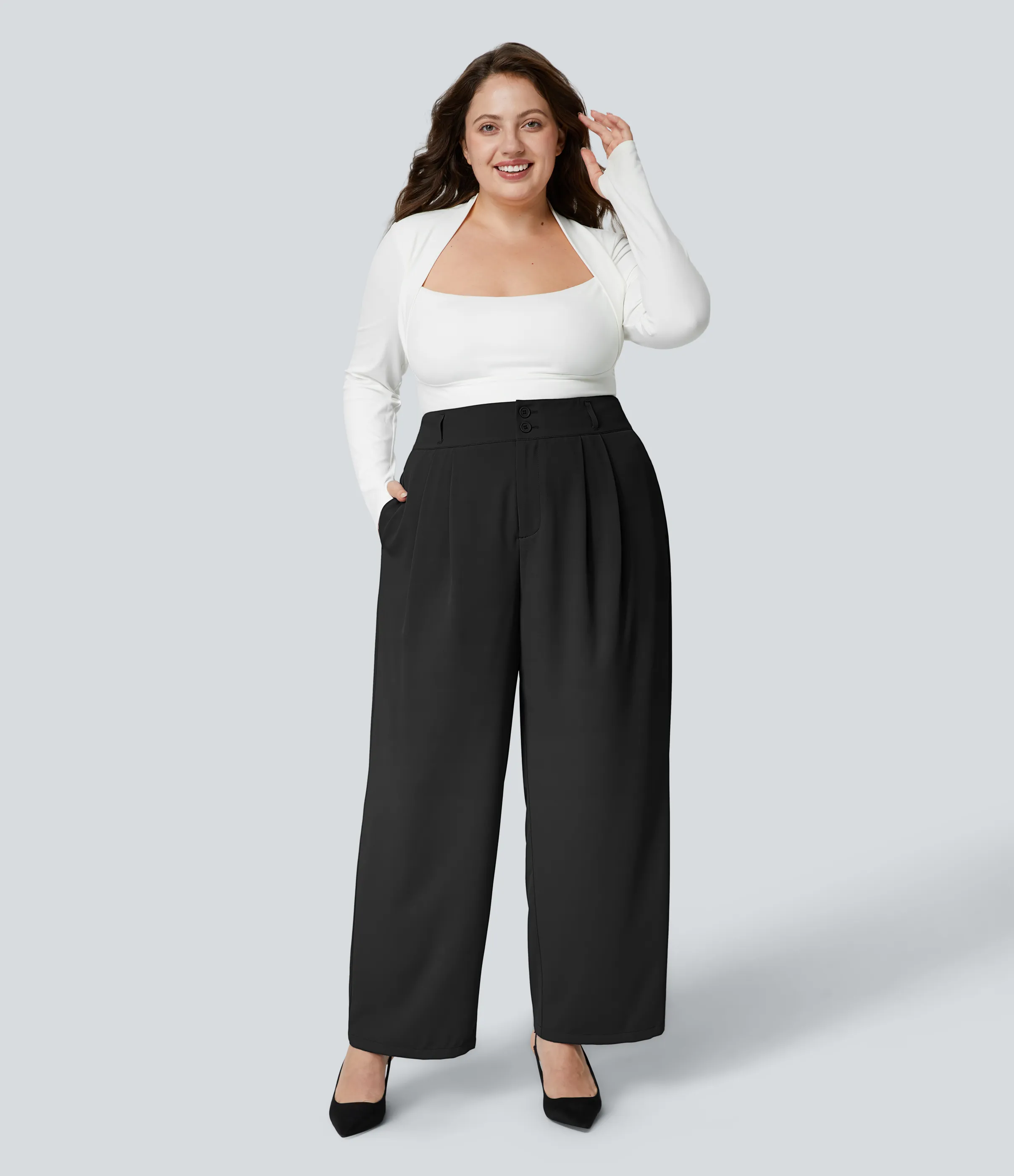 Halara Pantalón oficina tiro alto botón cremallera bolsillo lateral fruncido pierna recta talla grande - Black - 1X(regular) sold by Halara product image thumbnail 5