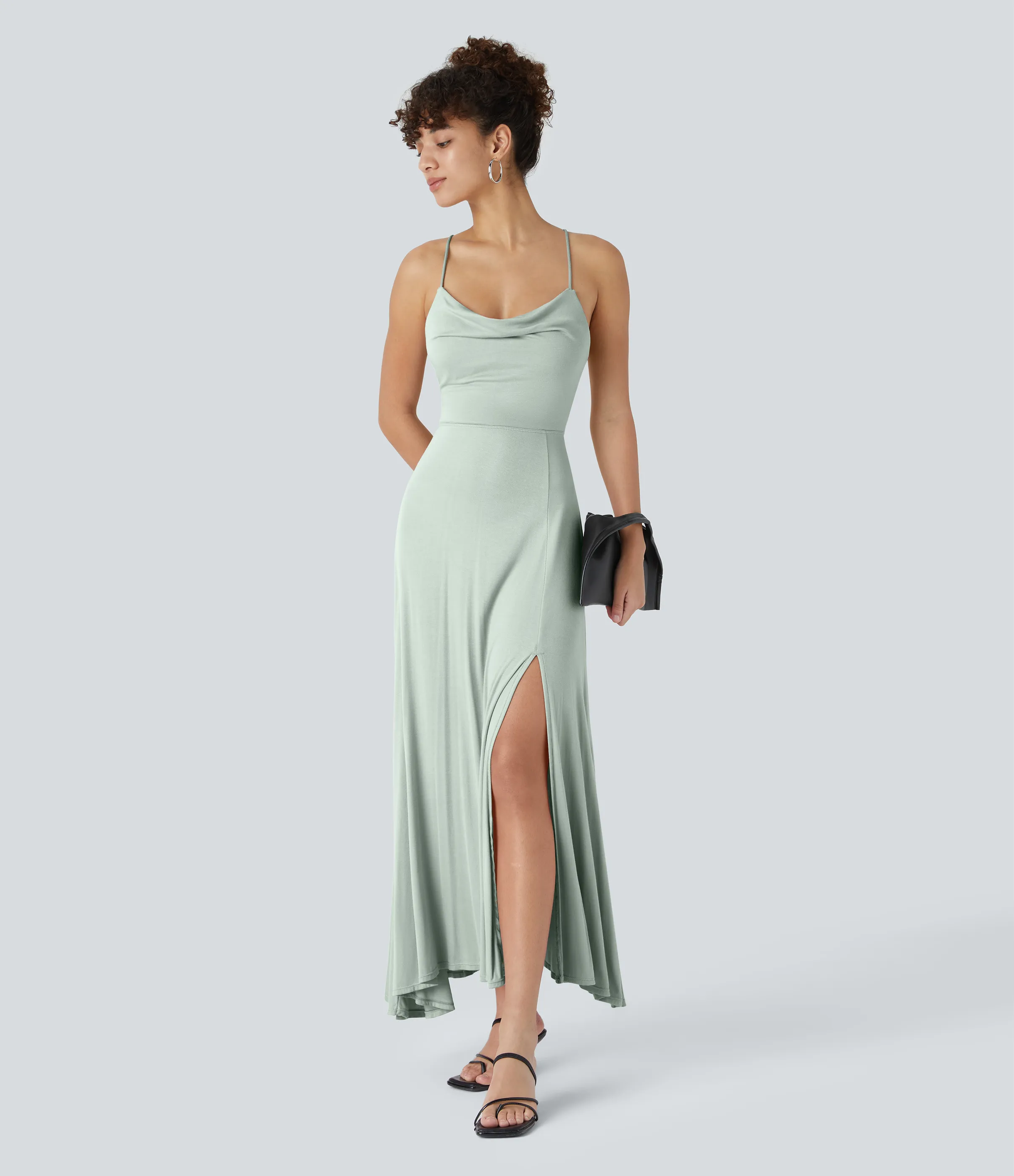 Halara Vestido fiesta midi abertura cordón cruzado sin espalda cuello vuelto acanalado - Fairest Jade - S sold by Halara