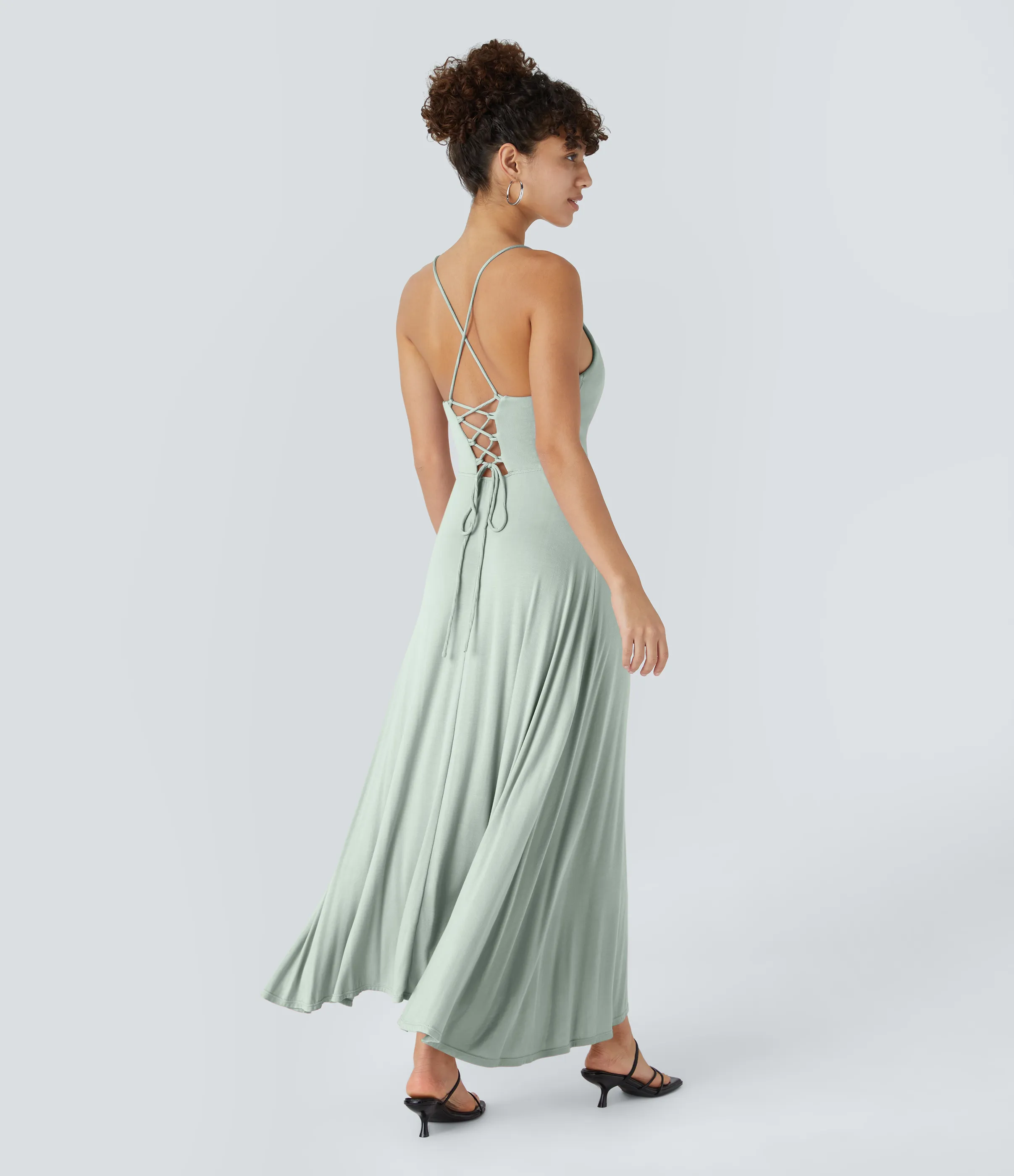 Halara Vestido fiesta midi abertura cordón cruzado sin espalda cuello vuelto acanalado - Fairest Jade - S sold by Halara product image thumbnail 3