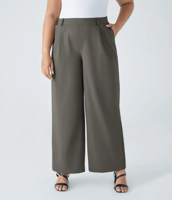 Halara Pantalón  oficina tiro alto recto bolsillo lateral pinzas talla grande - Deep Red Grey - 3X(regular) sold by Halara