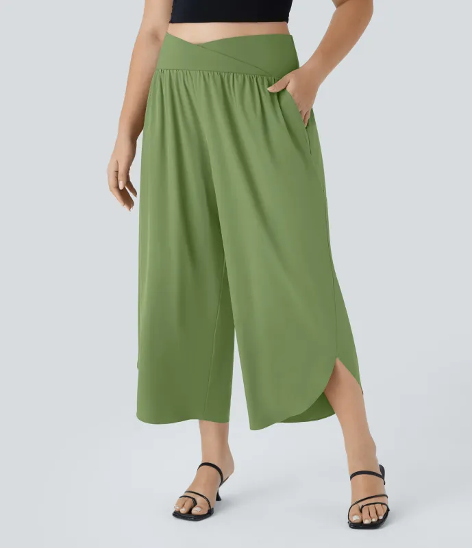 Halara Pantalón Breezeful™ talla grande tiro alto cruzado plisado bolsillo lateral dividido secado rápido - Hot Wasabi - Green - 1X(regular) sold by Halara