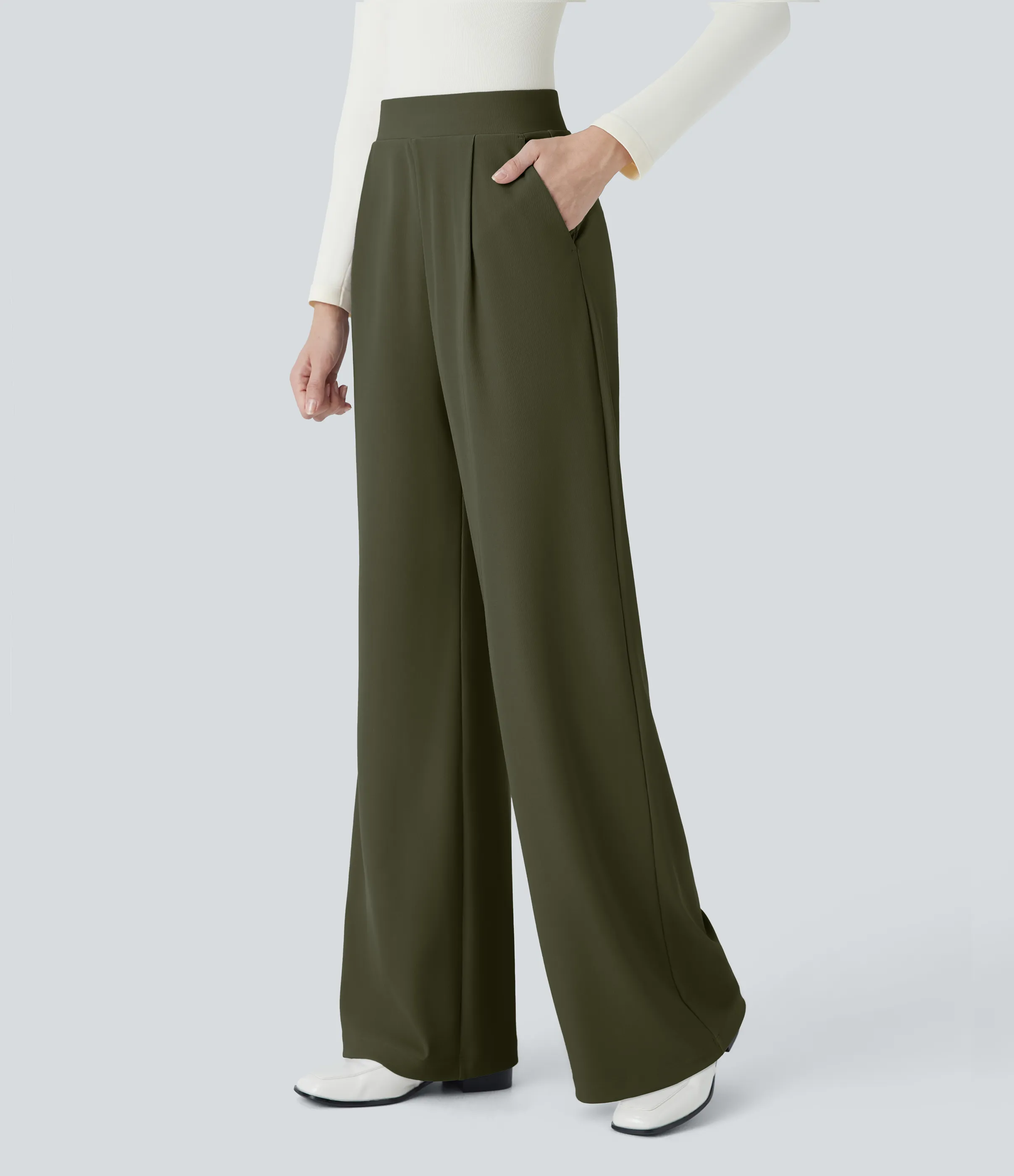 Halara Pantalón Halara Flex™ oficina tiro alto control abdomen adelgazan tiro bolsillo lateral pierna ancha micro gofre - Lone Pine Green - M(tall) sold by Halara product image thumbnail 4